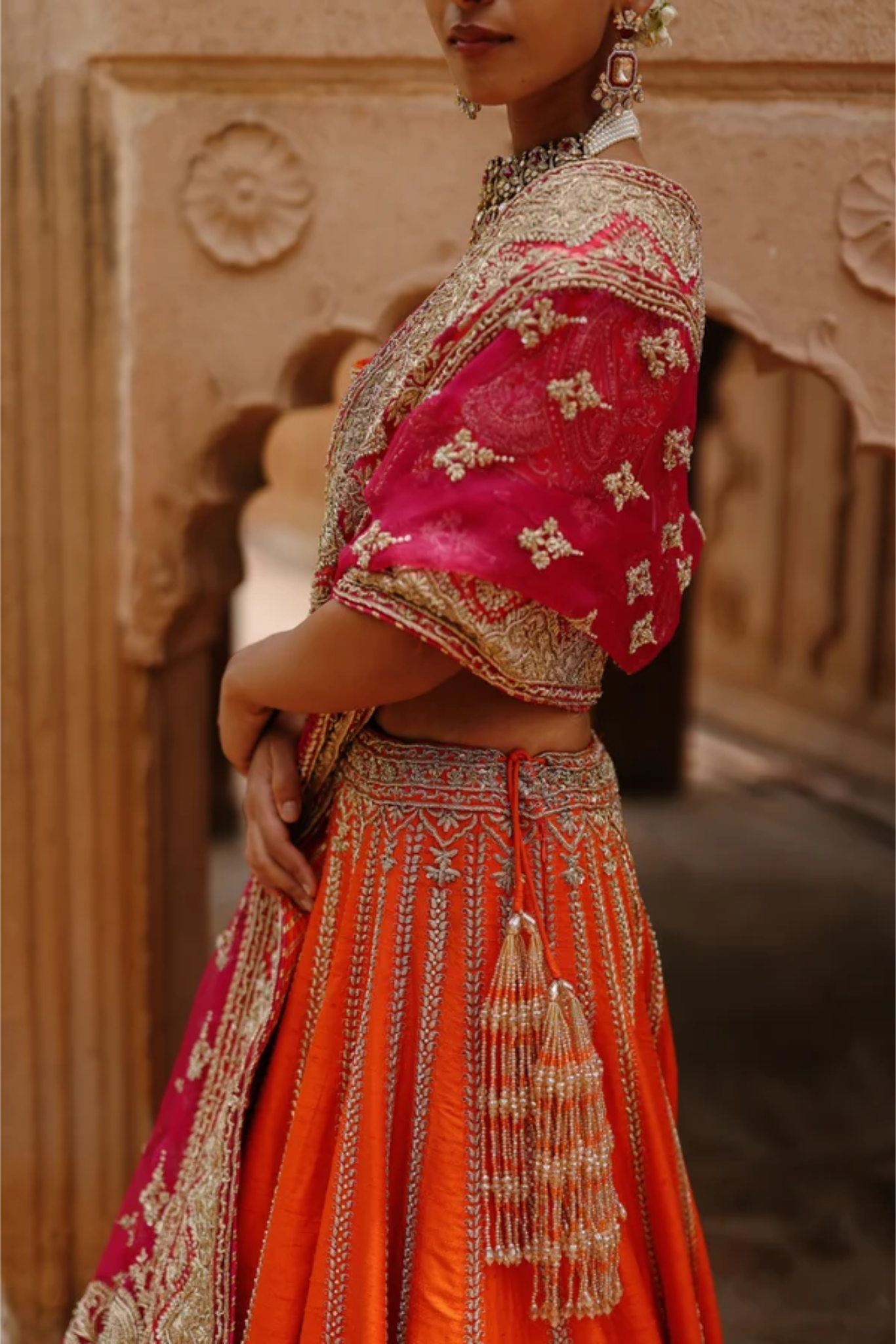 Nagma - Orange Lehenga Set With Blouse & Rani Hot Pink Dupatta