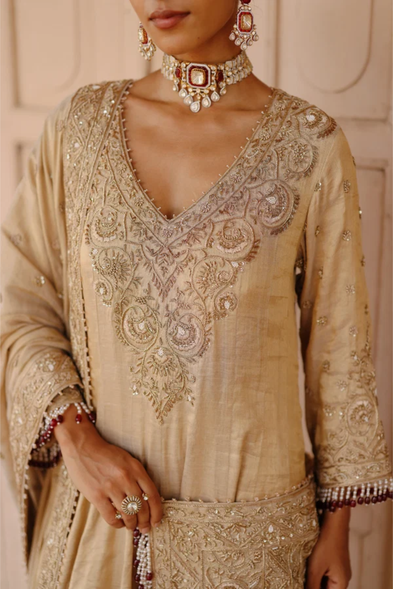 Rooh – Gold Tissue Long Kalidaar Anarkali Set With Palazzo & Dupatta