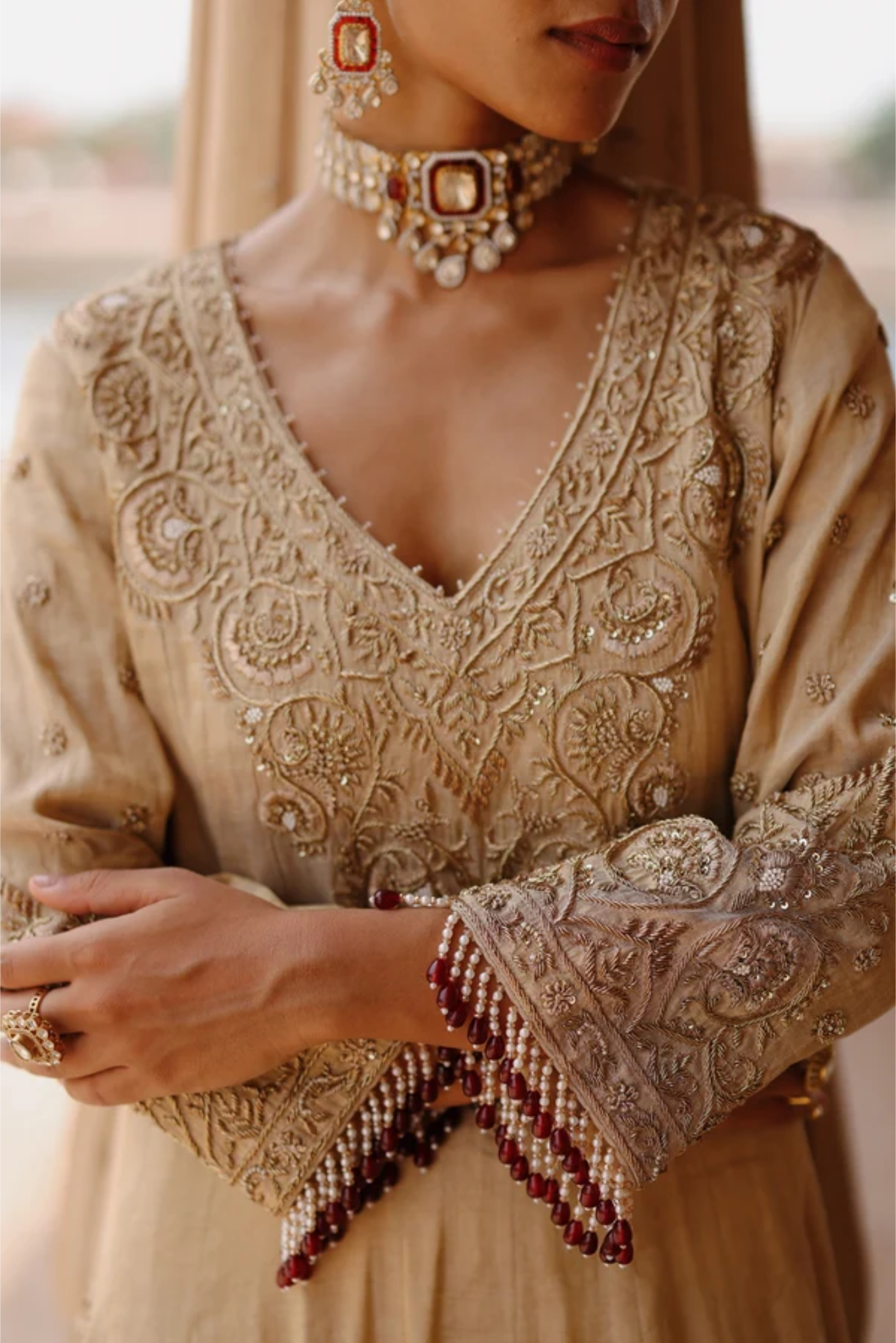 Rooh – Gold Tissue Long Kalidaar Anarkali Set With Palazzo & Dupatta