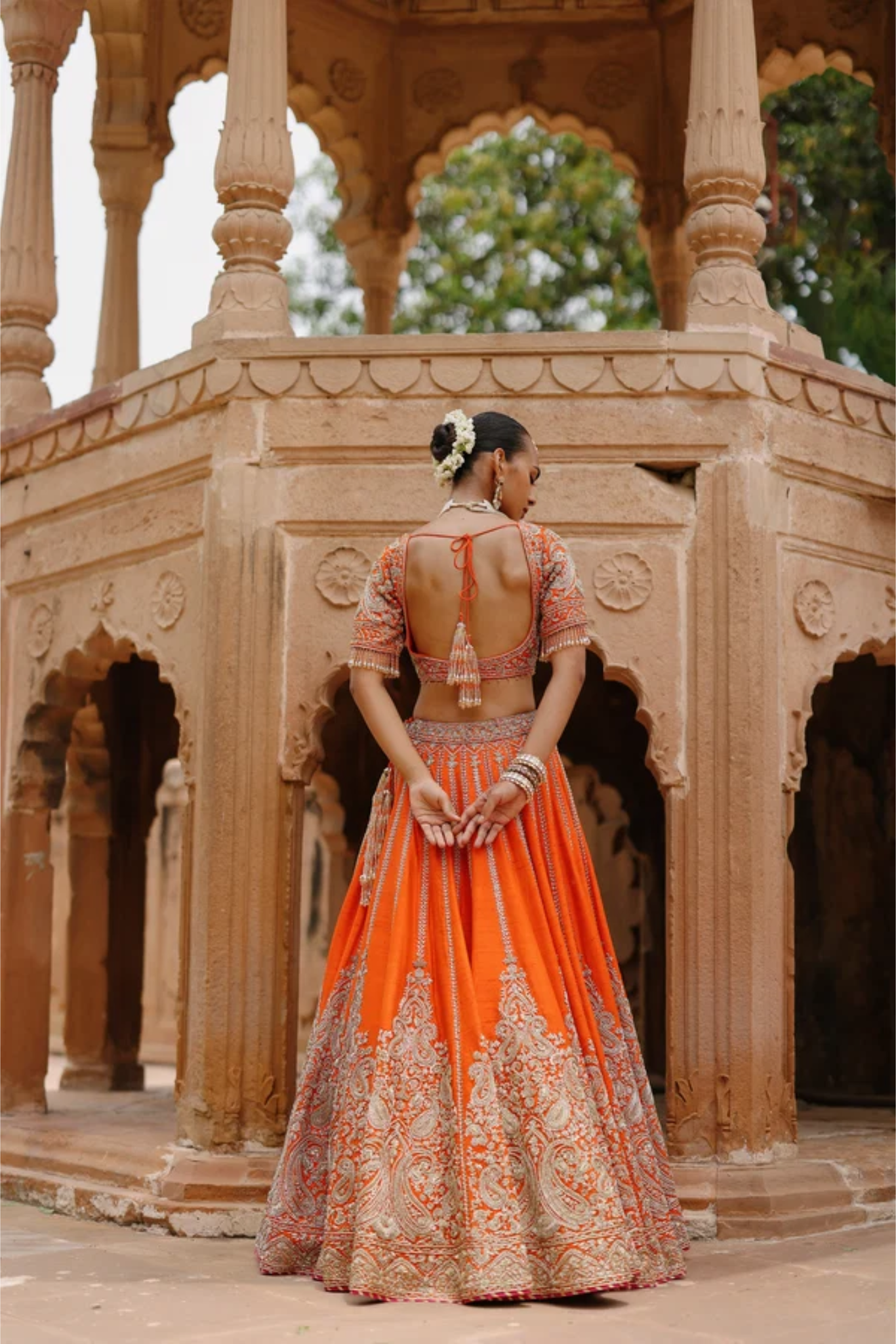 Nagma - Orange Lehenga Set With Blouse & Rani Hot Pink Dupatta