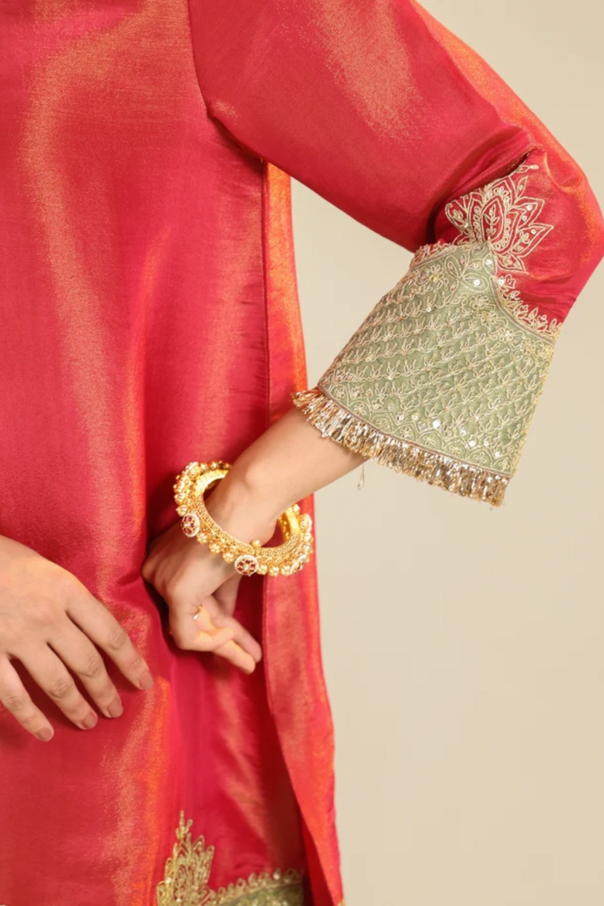 Red Divine Tissue Kurta Set