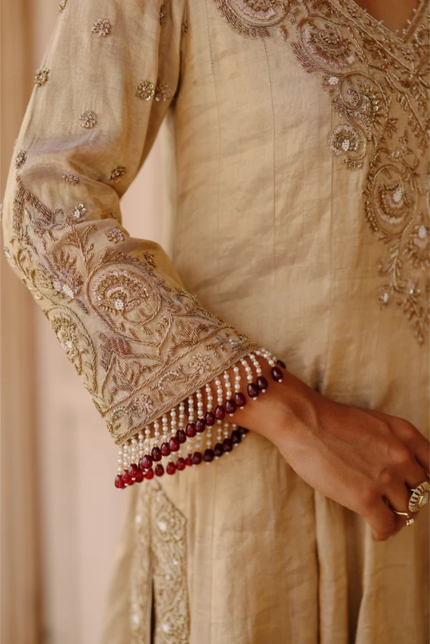 Rooh – Gold Tissue Long Kalidaar Anarkali Set With Palazzo & Dupatta