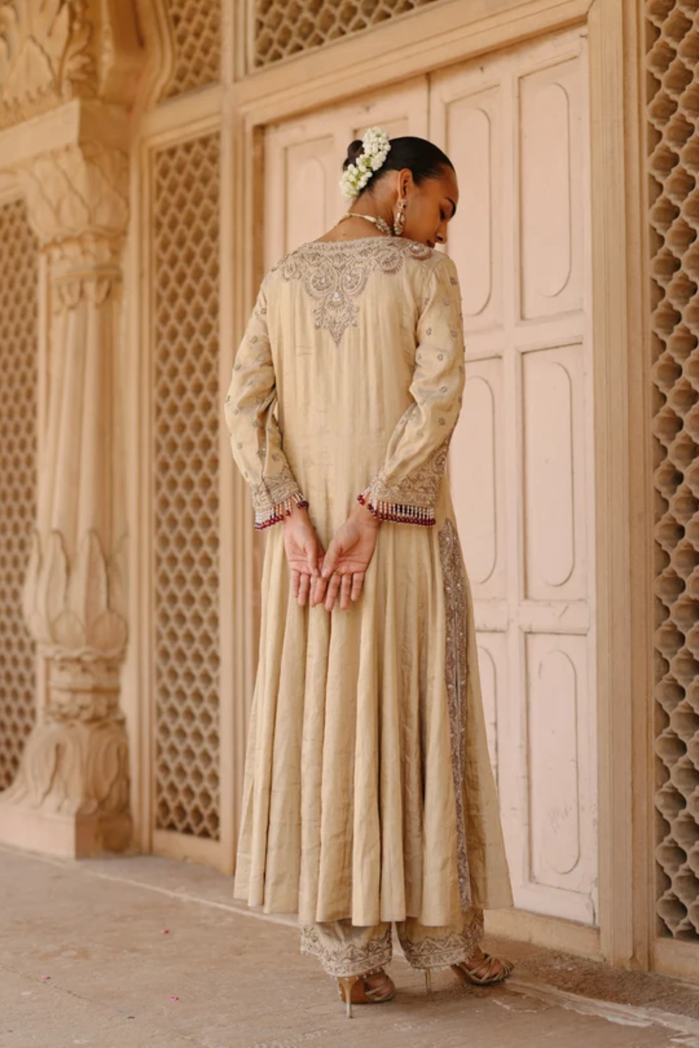 Rooh – Gold Tissue Long Kalidaar Anarkali Set With Palazzo & Dupatta