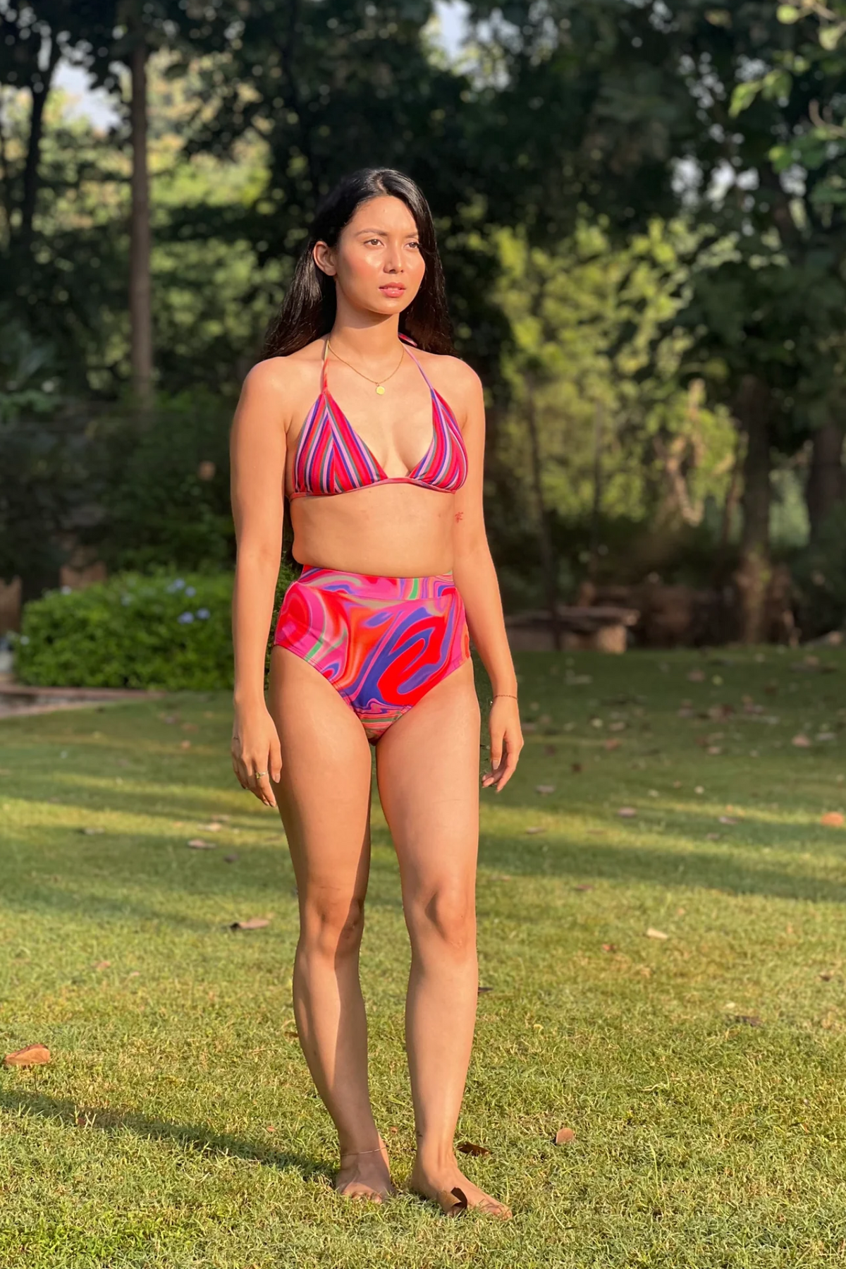 High Waist and High Coverage Bikini Bottom - Candy Wave