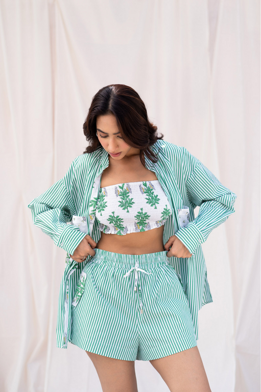 Green Striped Shorts With Pockets