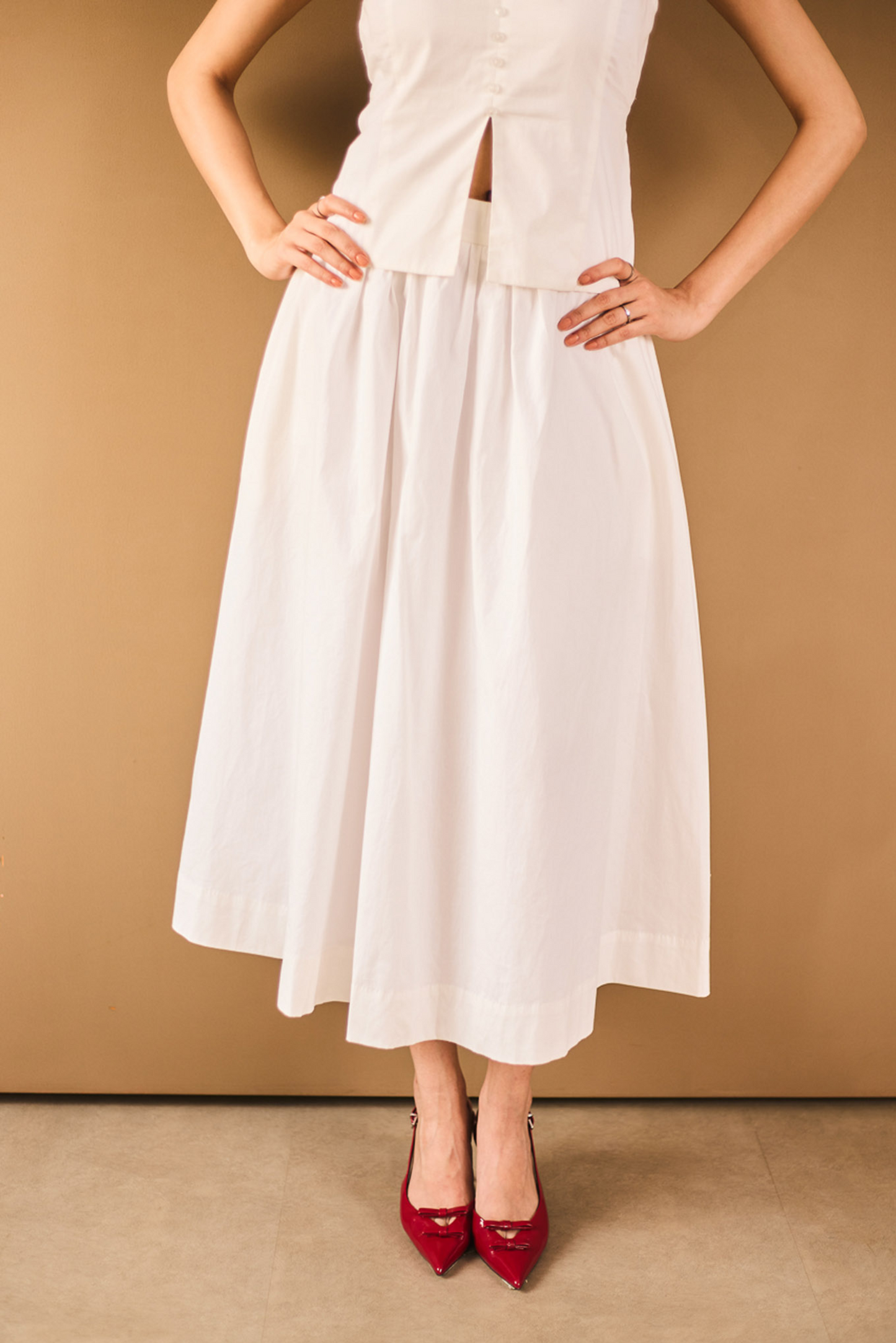 White A-line Midi Skirt with Pockets