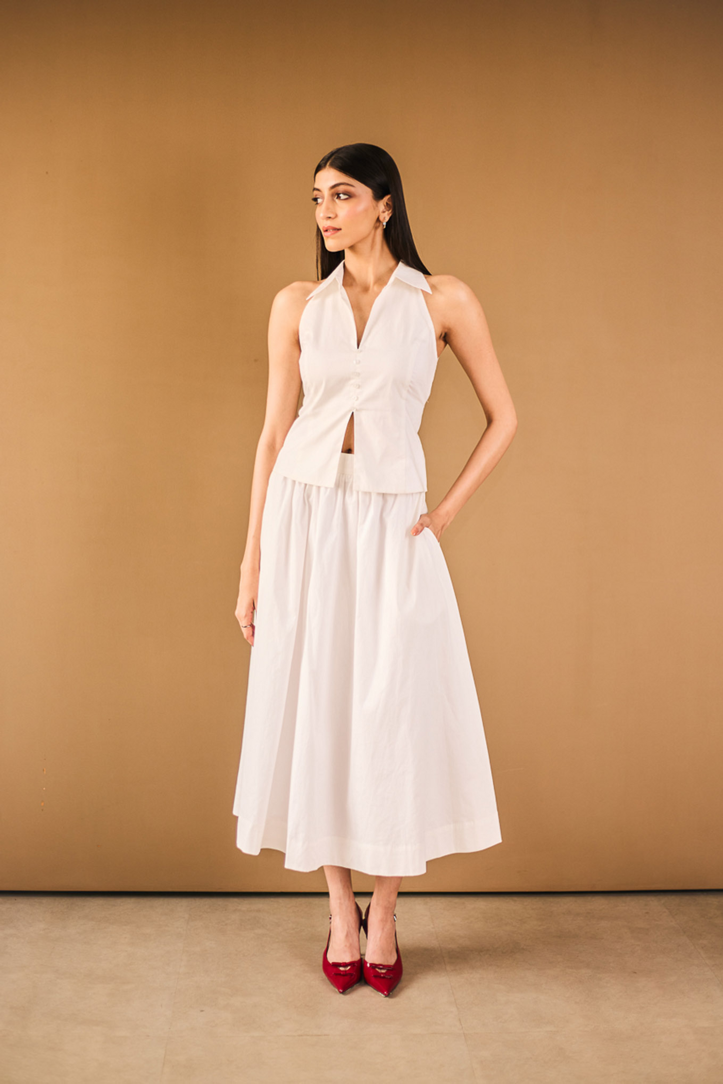 White A-line Midi Skirt with Pockets