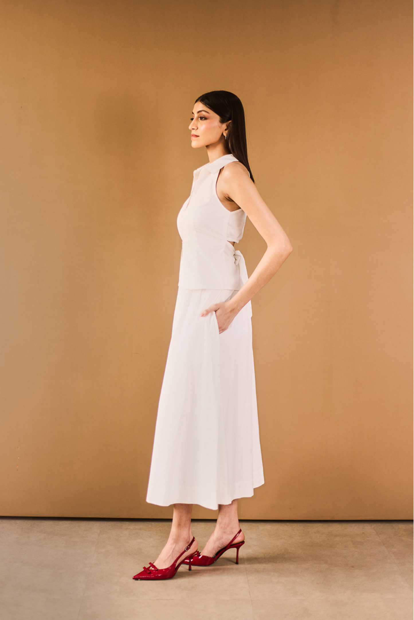 White A-line Midi Skirt with Pockets