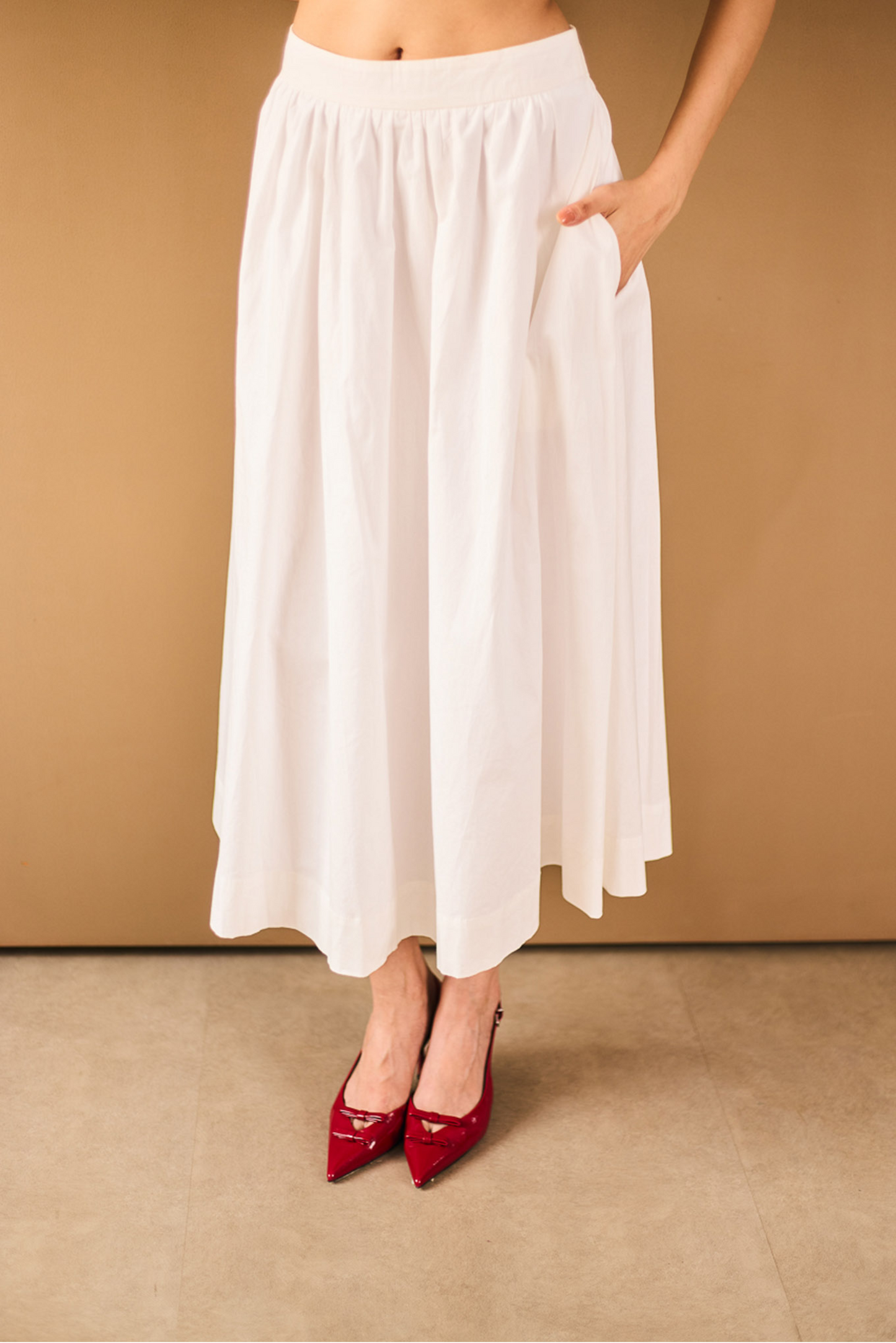 White A-line Midi Skirt with Pockets