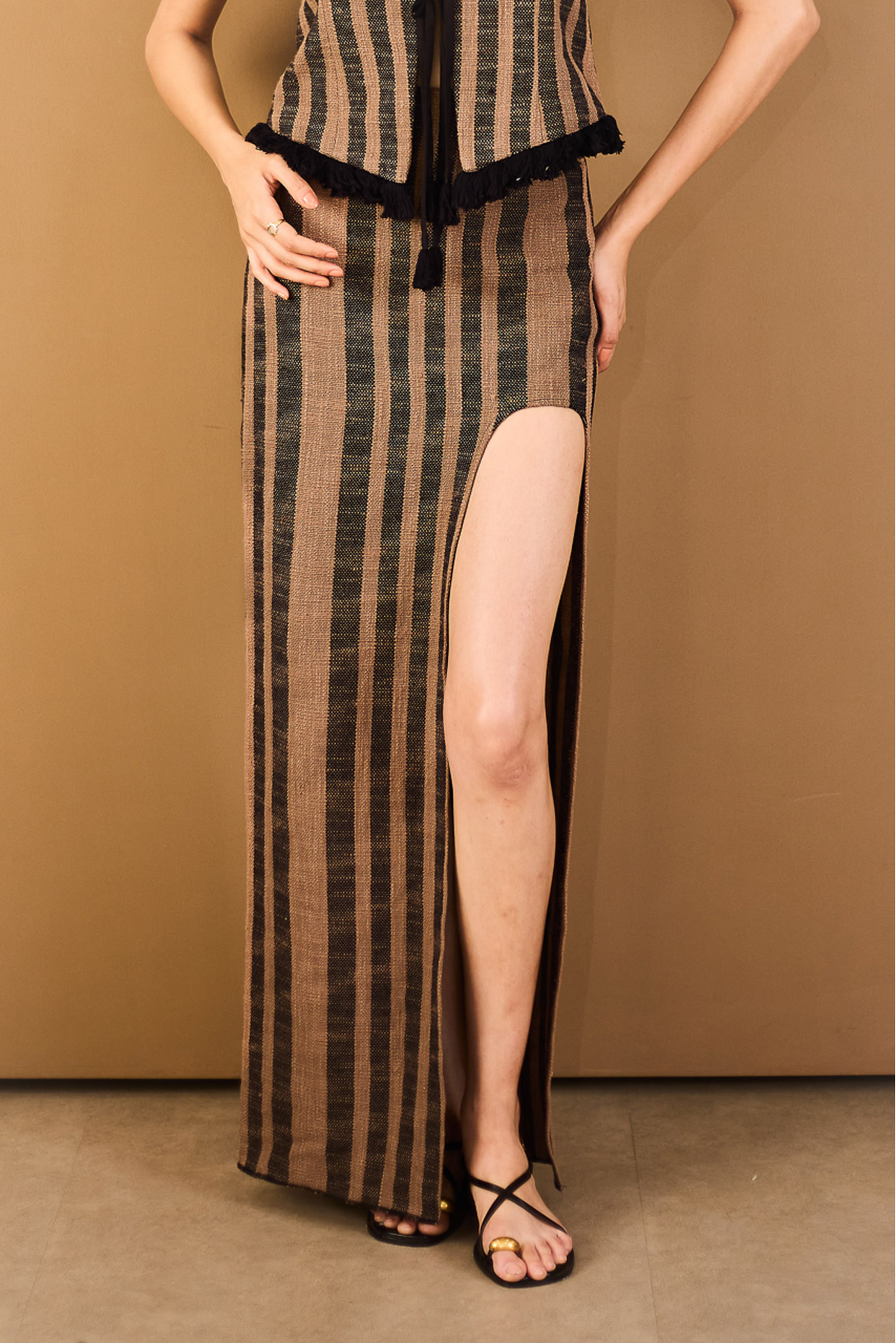 Brown Striped Maxi Skirt with Slit Detail