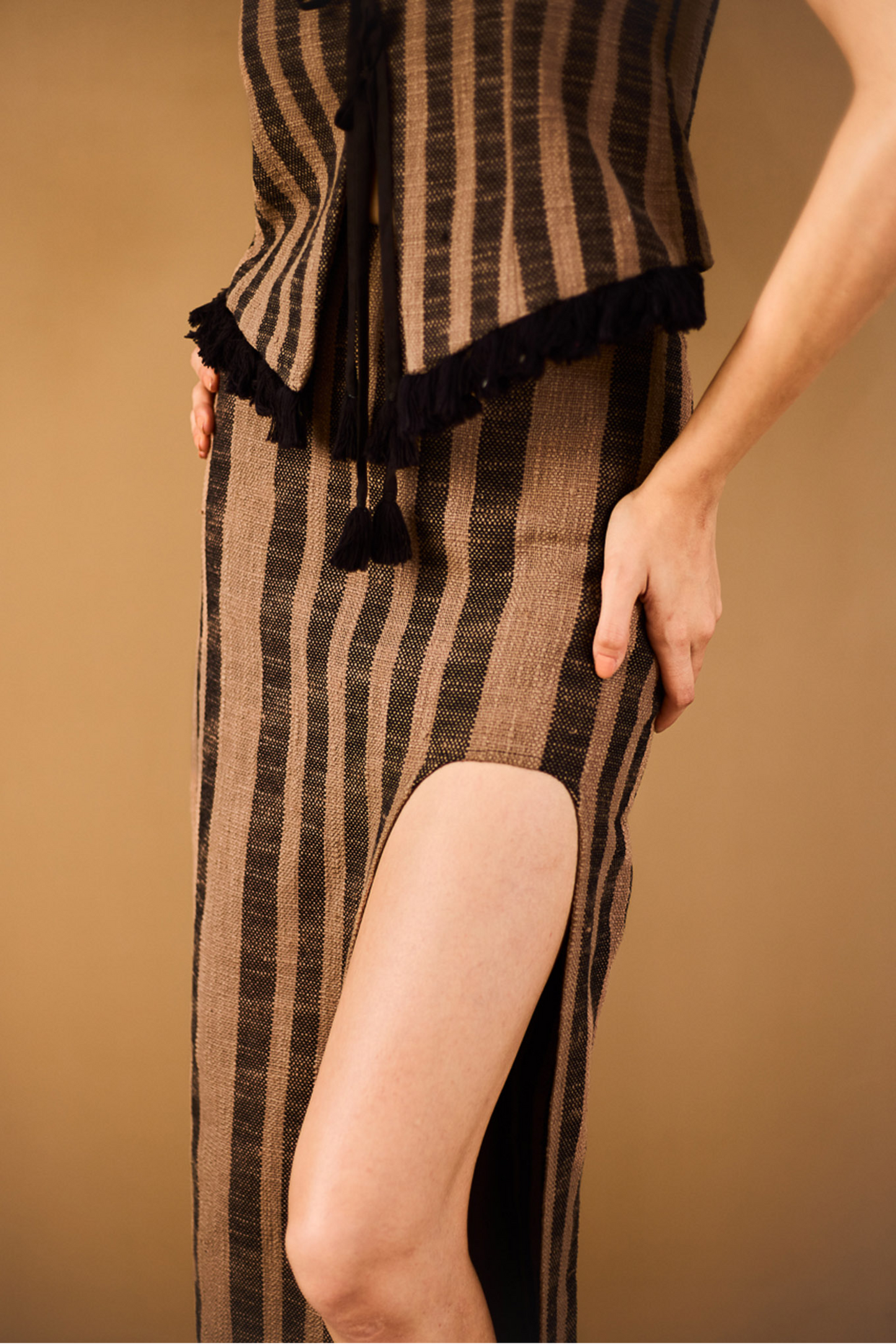 Brown Striped Maxi Skirt with Slit Detail