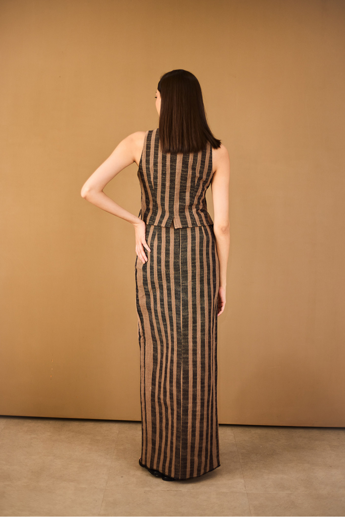 Brown Striped Maxi Skirt with Slit Detail