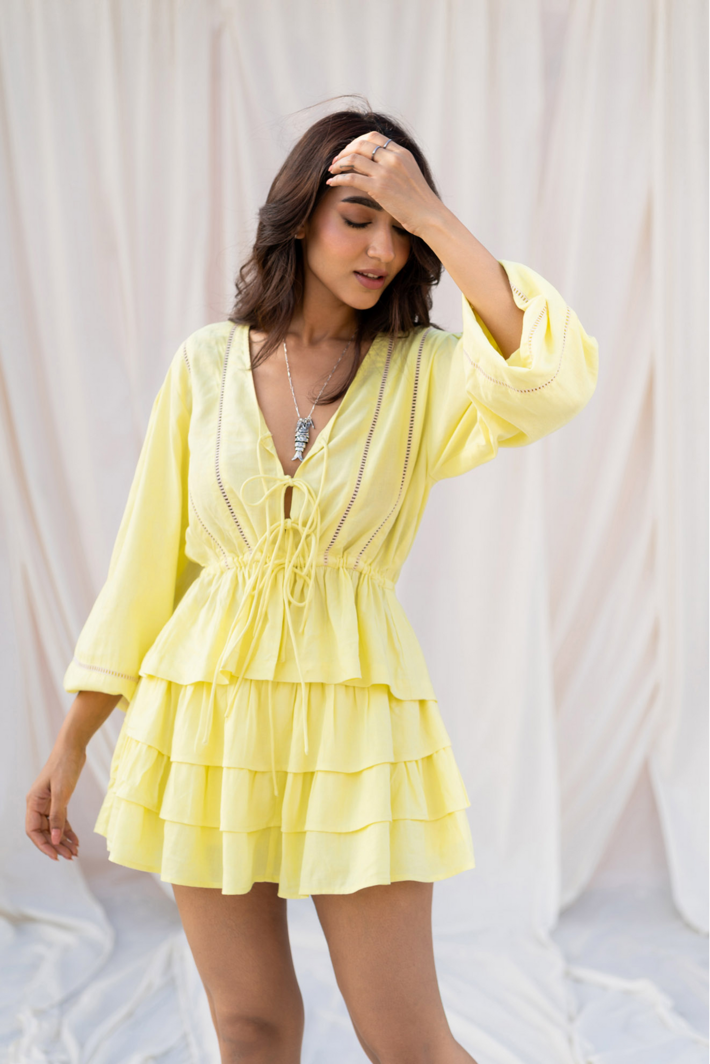 Yellow Linen Ruffle Mini Skort