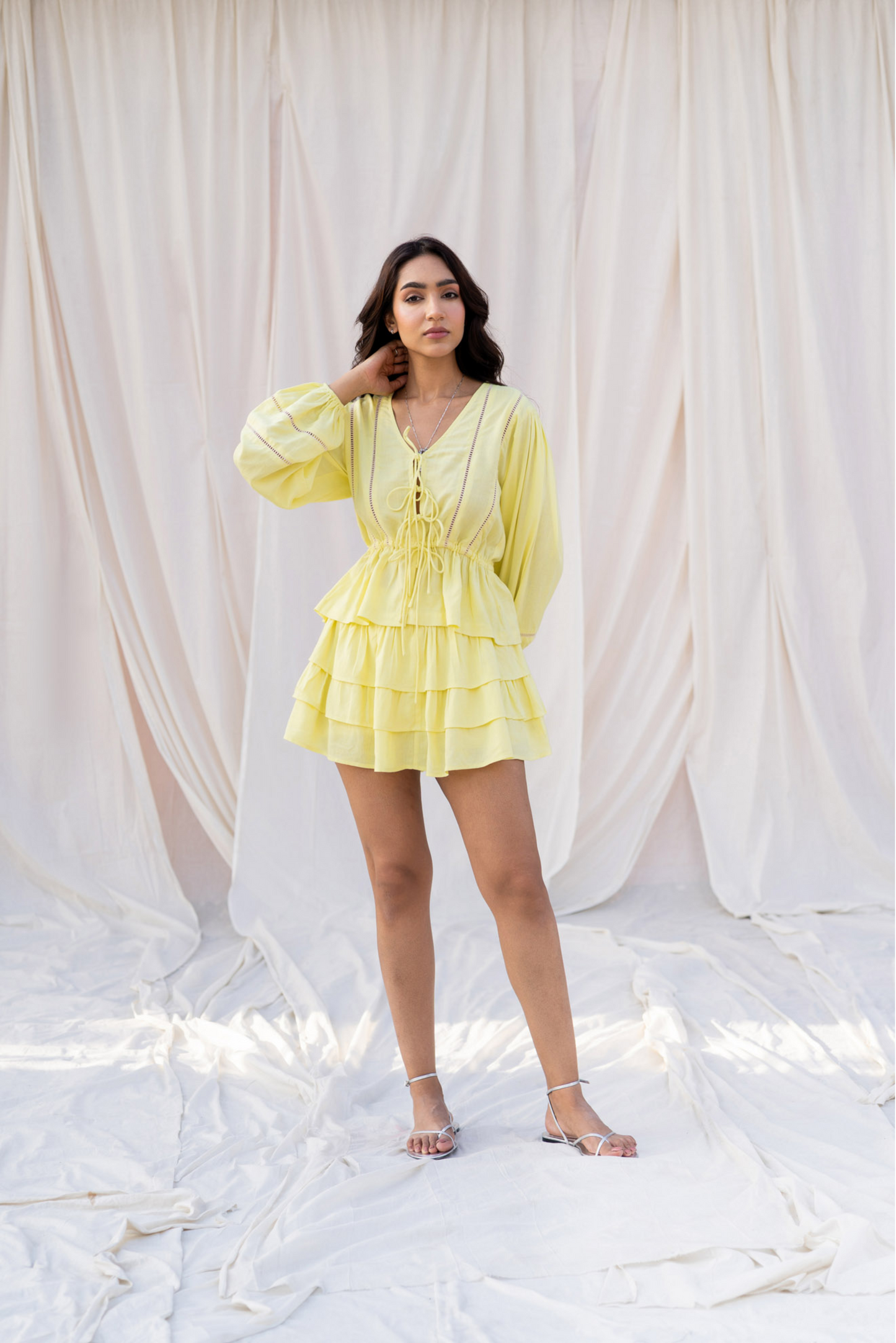 Yellow Linen Ruffle Mini Skort