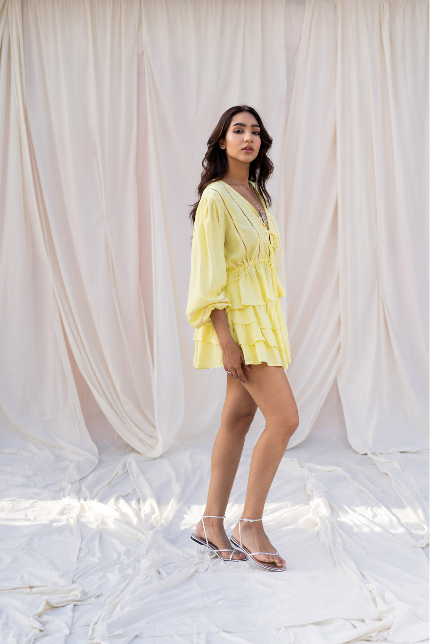 Yellow Linen Ruffle Mini Skort