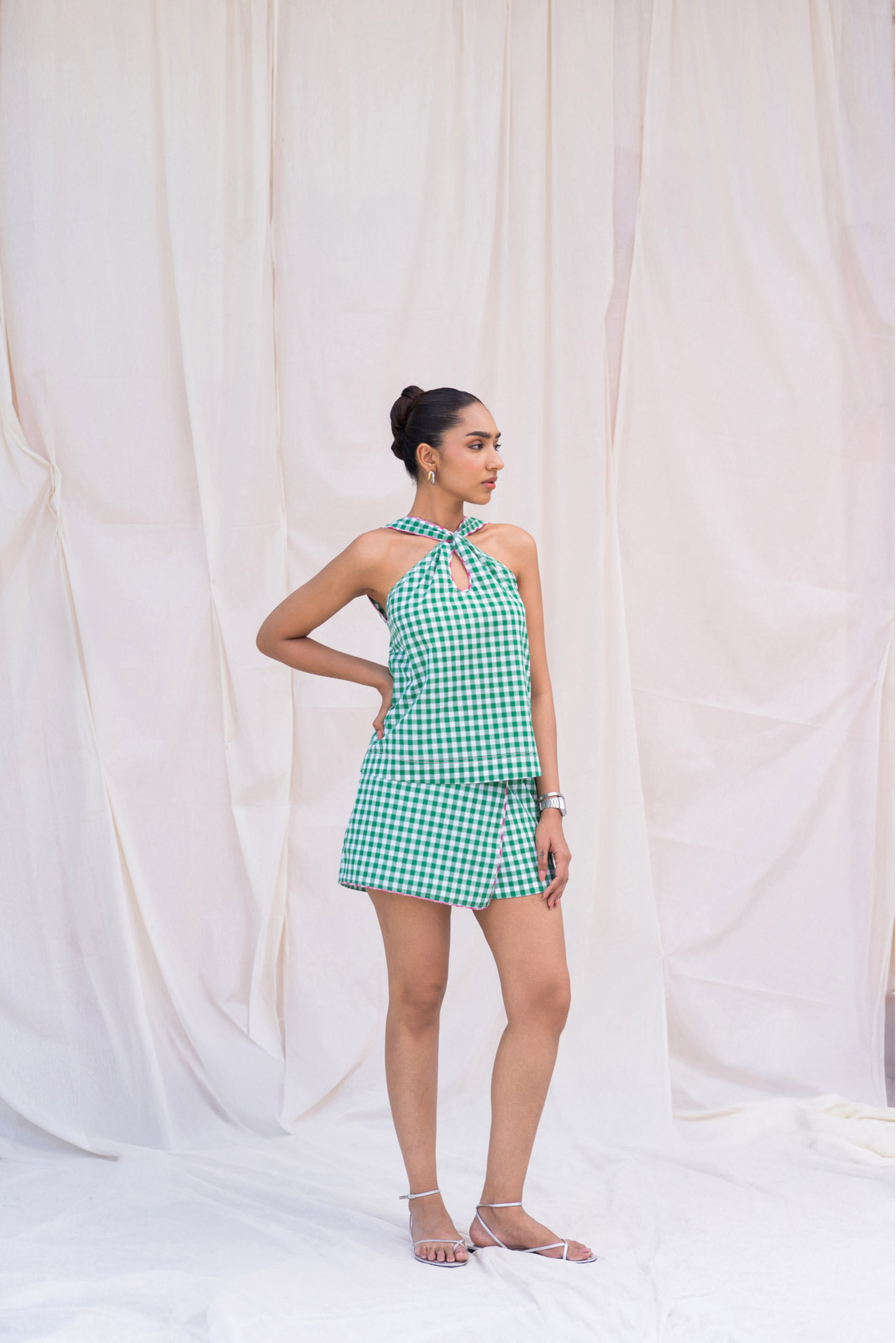 Green Gingham Skort with Piping