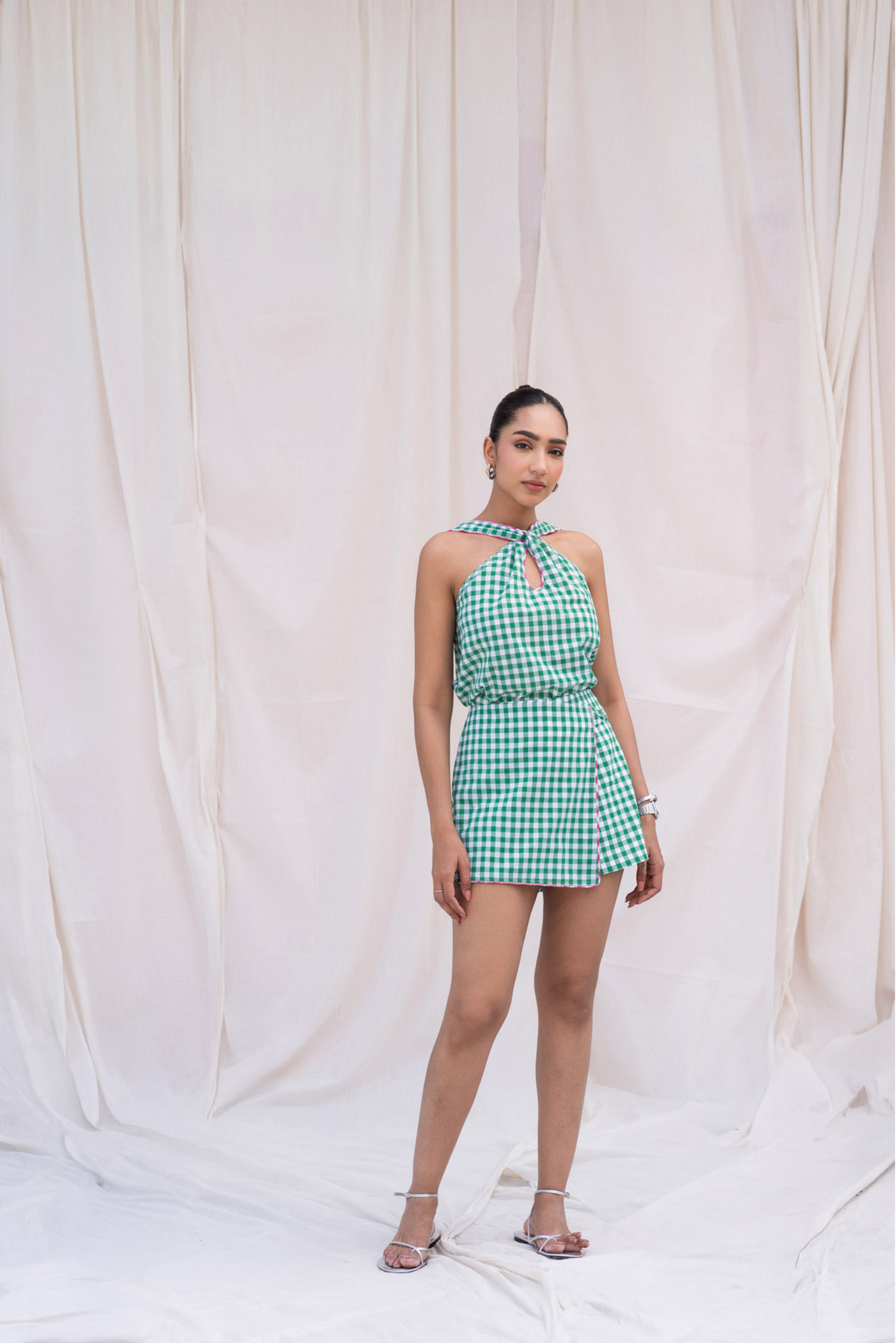 Green Gingham Skort with Piping