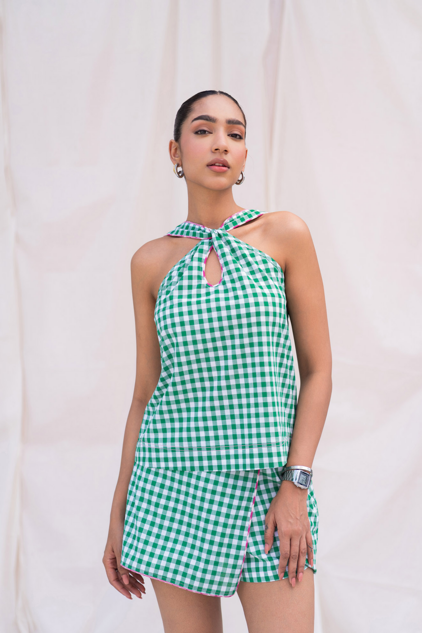 Green Gingham Skort with Piping