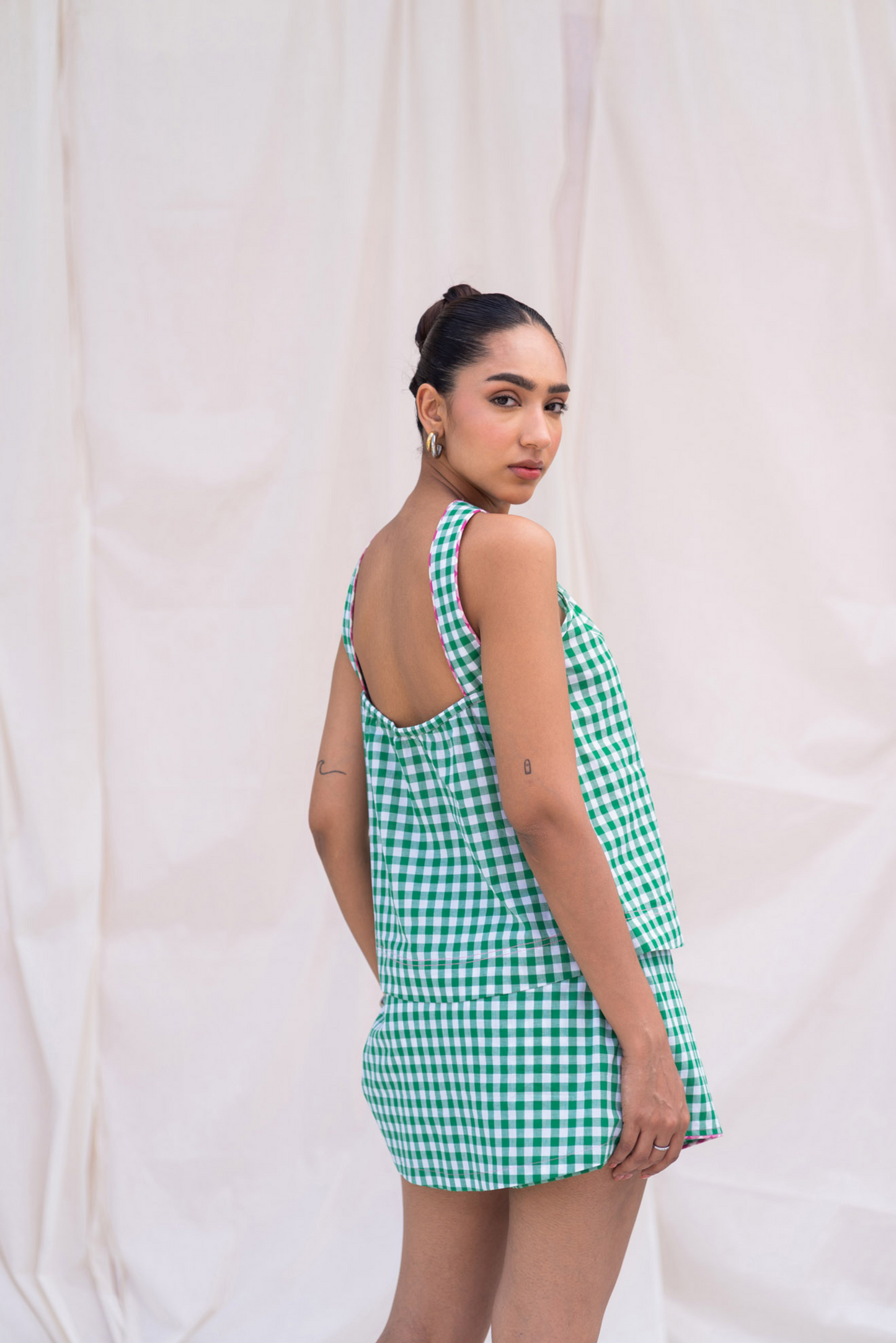 Green Gingham Skort with Piping