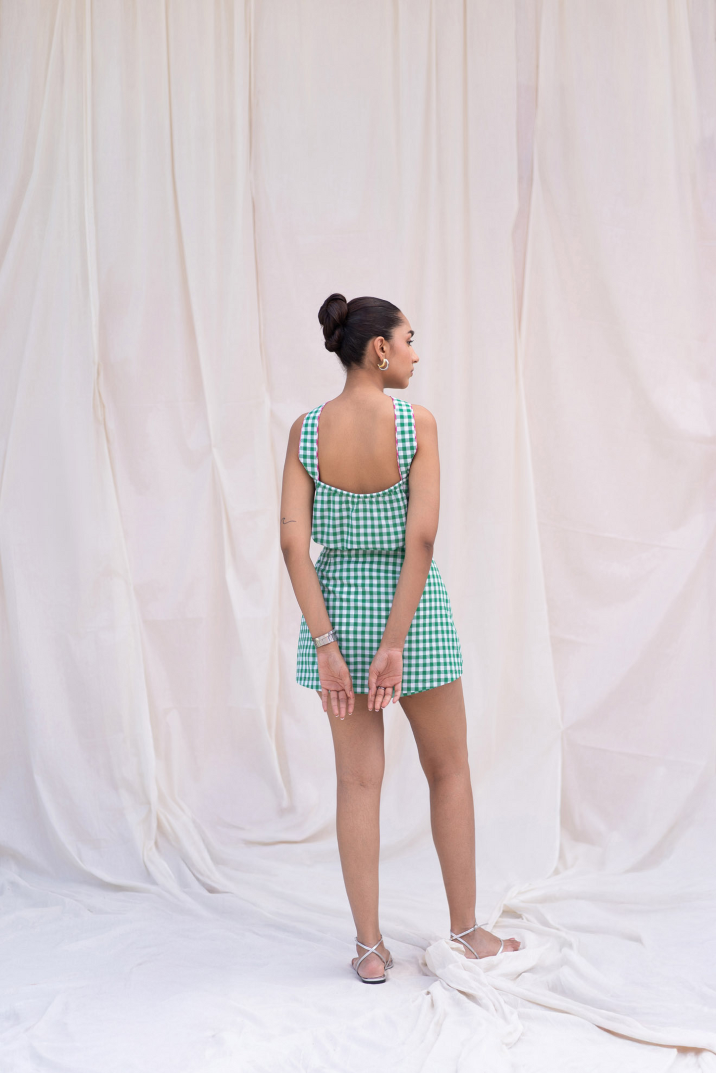 Green Gingham Skort with Piping