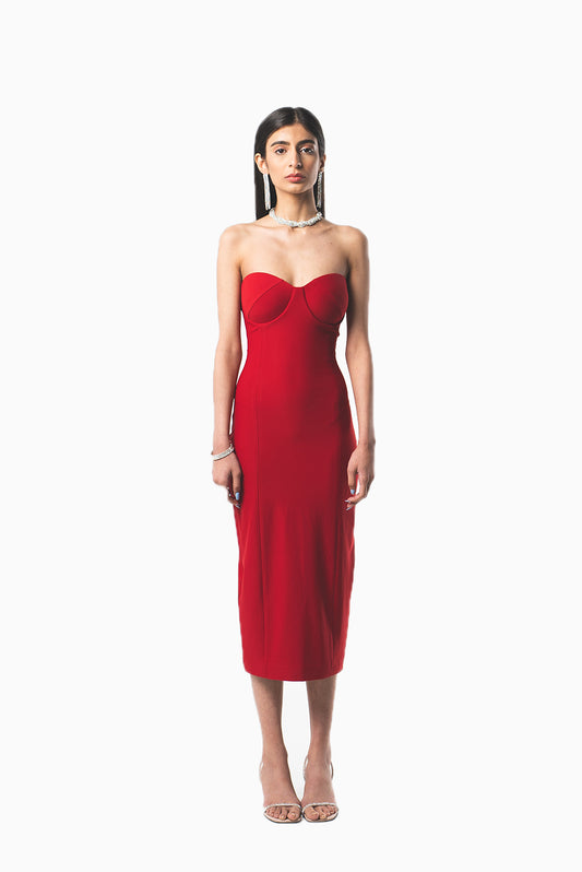 STRAPLESS SCARLET MIDI DRESS