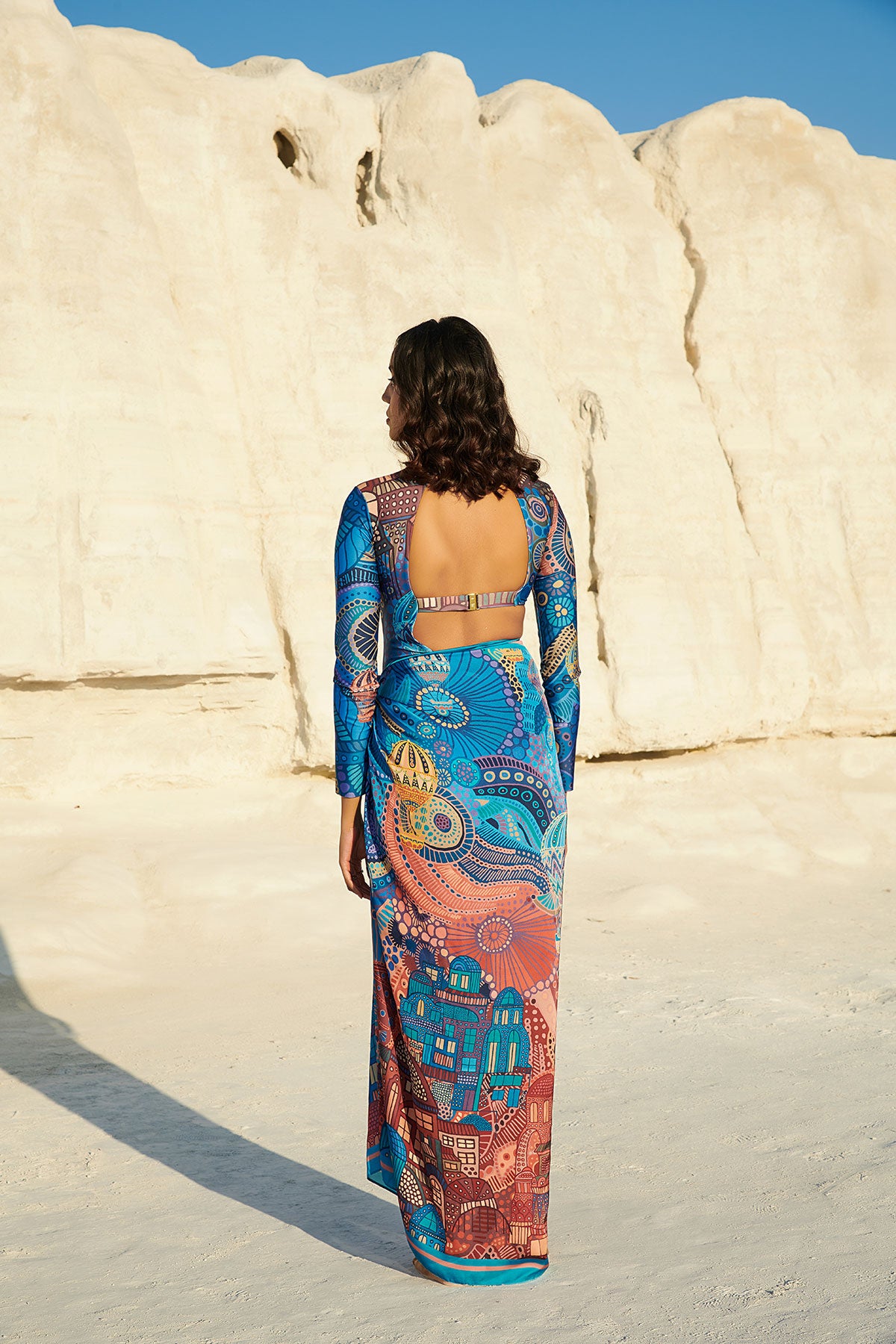 Long-Sleeved Halo Swimsuit paired with Beach Bum Sarong in - CAPPADOCIA