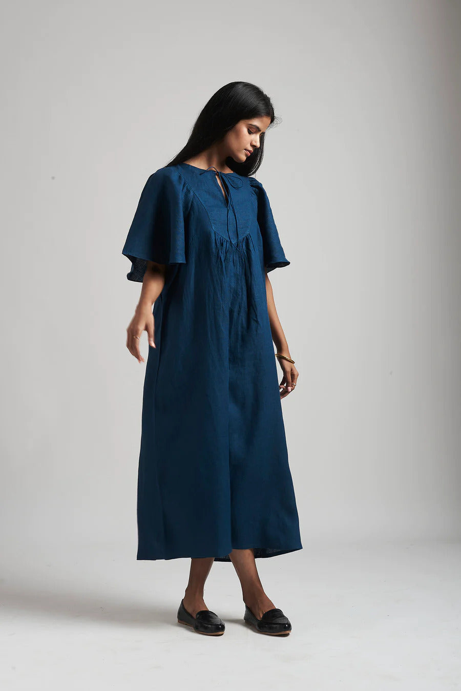 Indigo Linen Gathered Dress