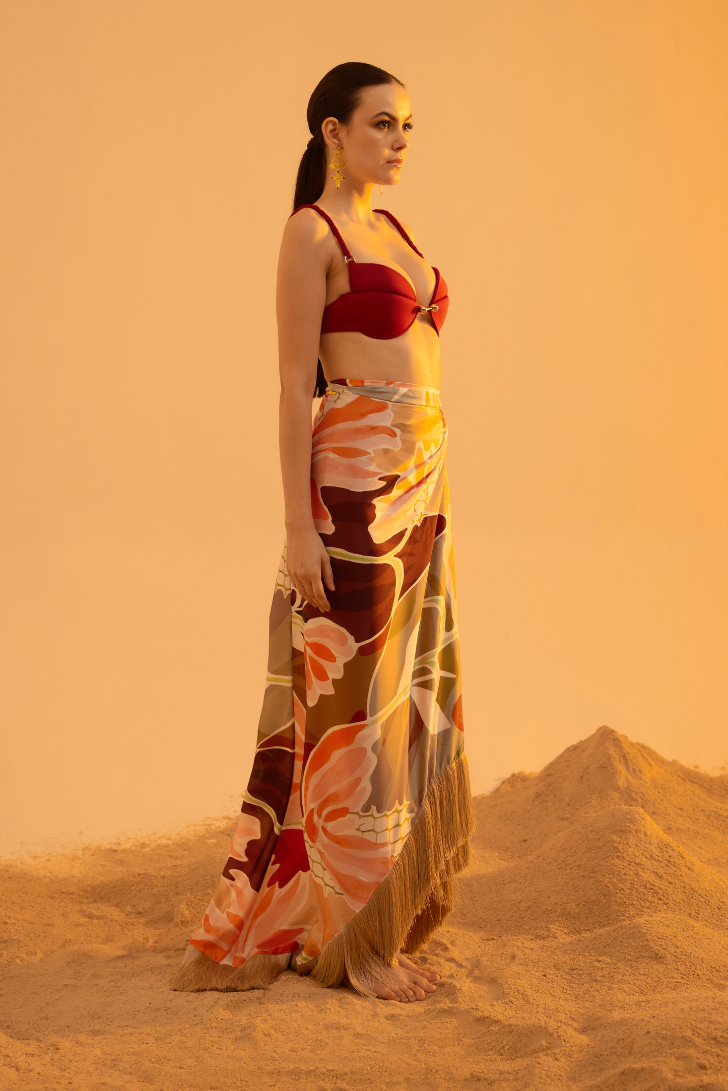 Folium Bikini Set - Plum with Stream Sarong - Brick Red and Sepia Garden