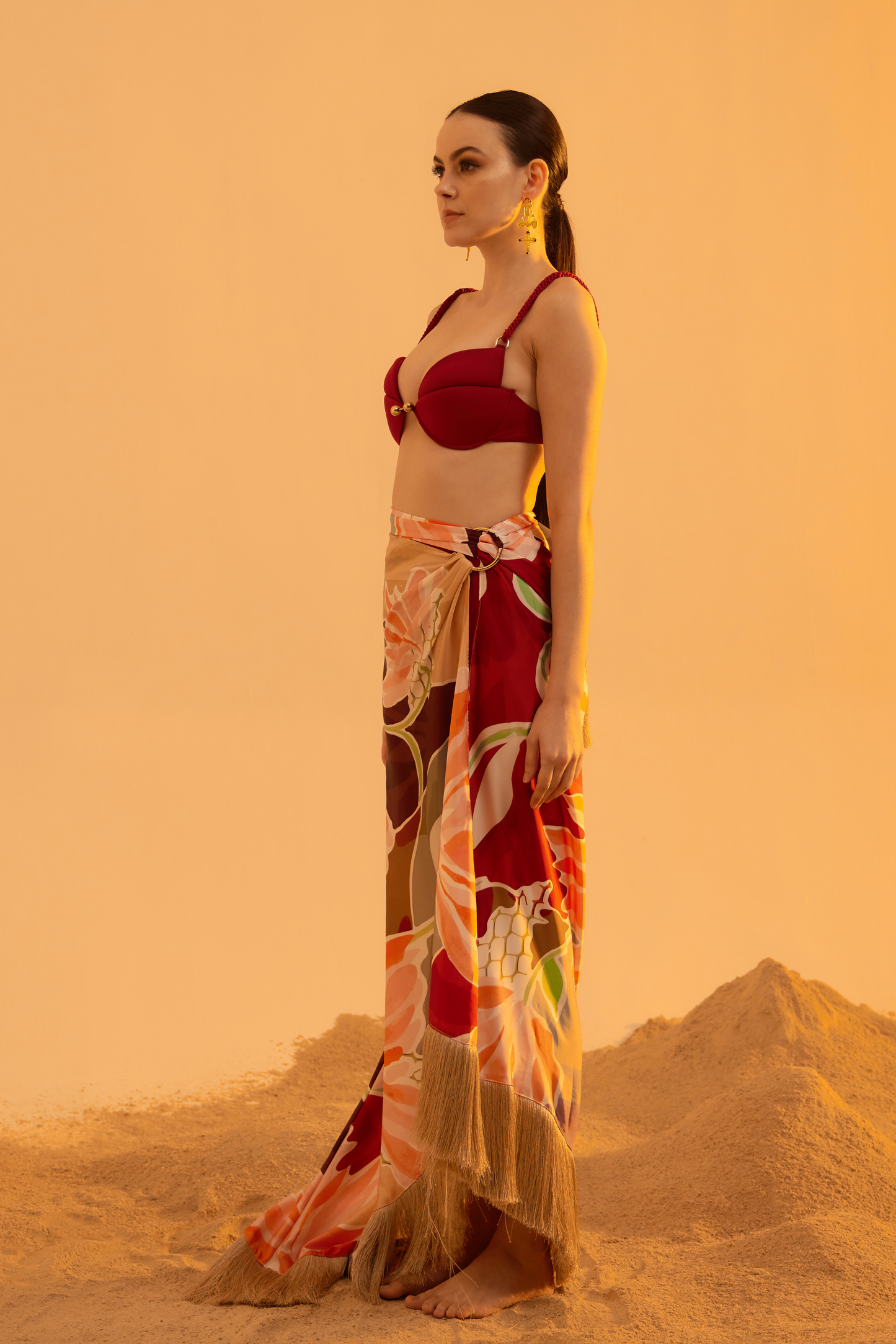 Folium Bikini Set - Plum with Stream Sarong - Brick Red and Sepia Garden