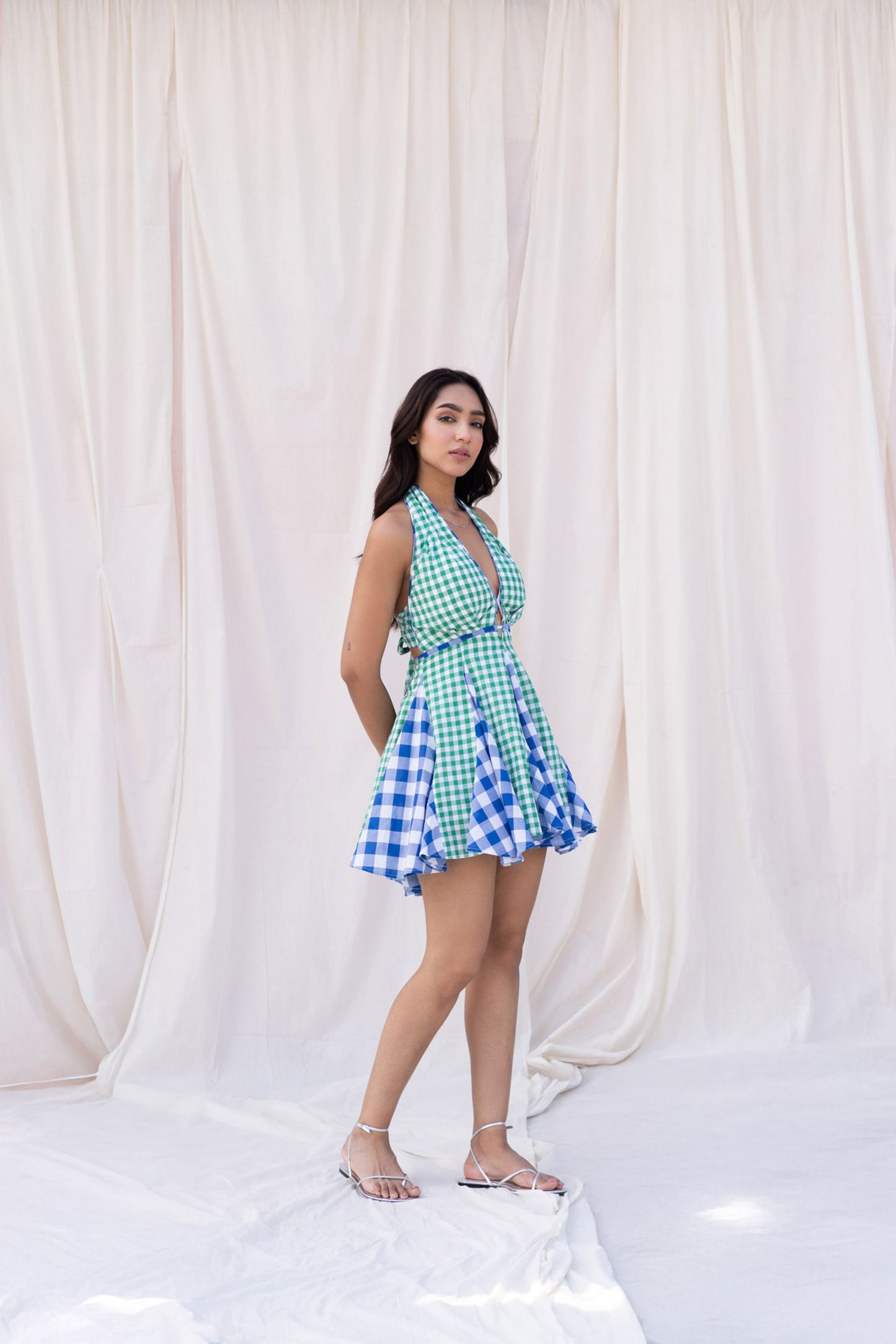 Blue & Green Gingham Halter Mini Dress
