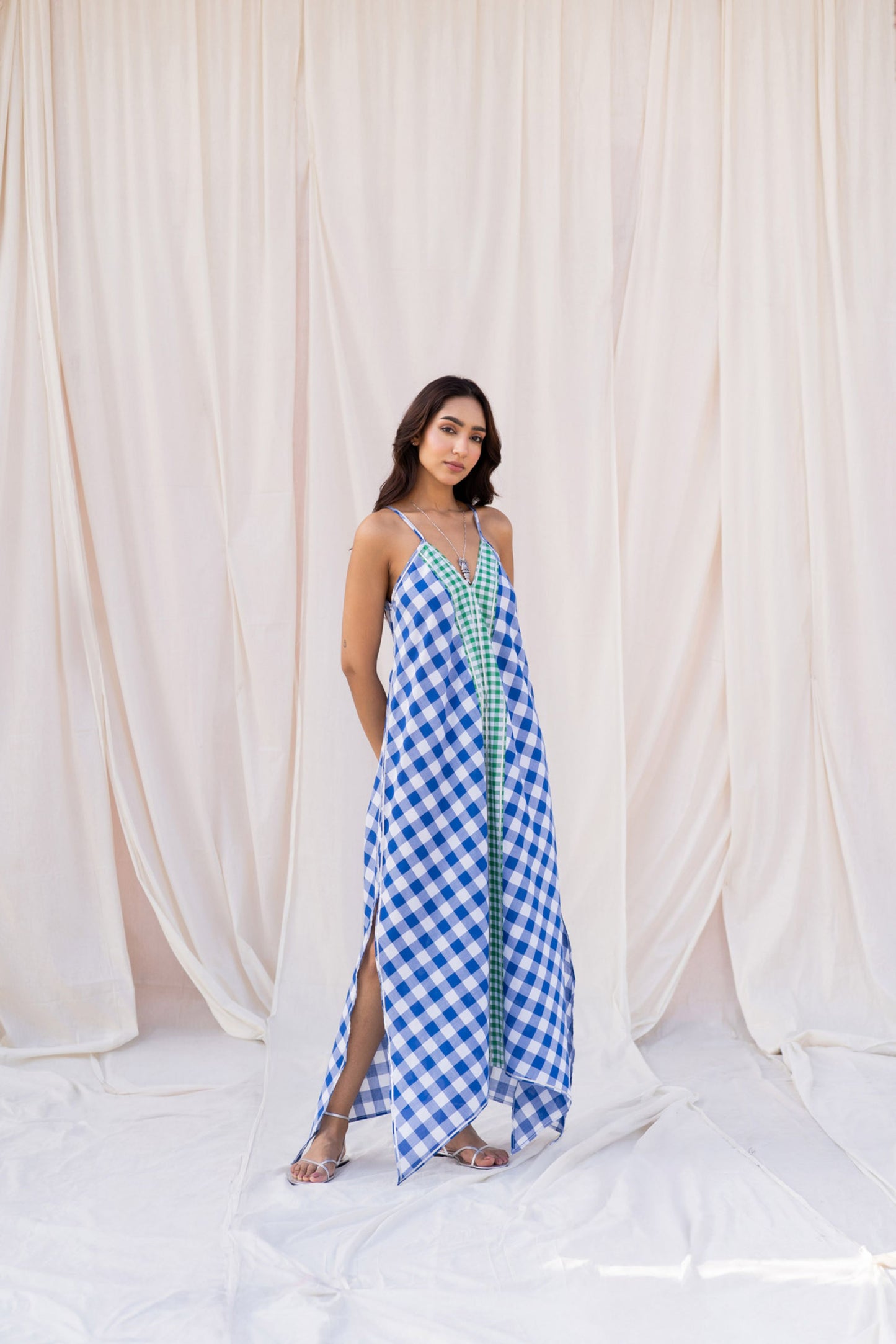 Contrast Gingham Midi Dress with Gota Detailing