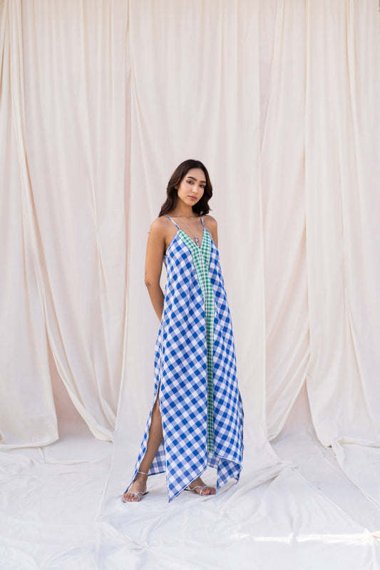 Contrast Gingham Midi Dress with Gota Detailing