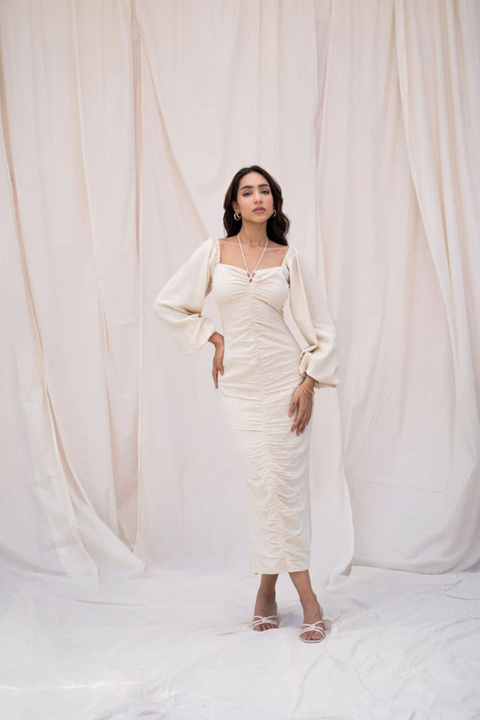 Beige Linen Pleated Midi Dress