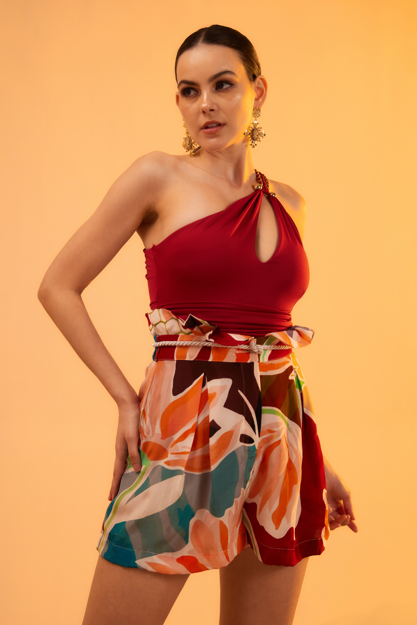 Loxos Swimsuit - Brick Red with Lagoon Shorts Sepia Garden