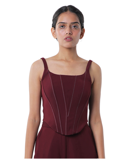 Knotty Corset With High Waisted Pants - Merlot