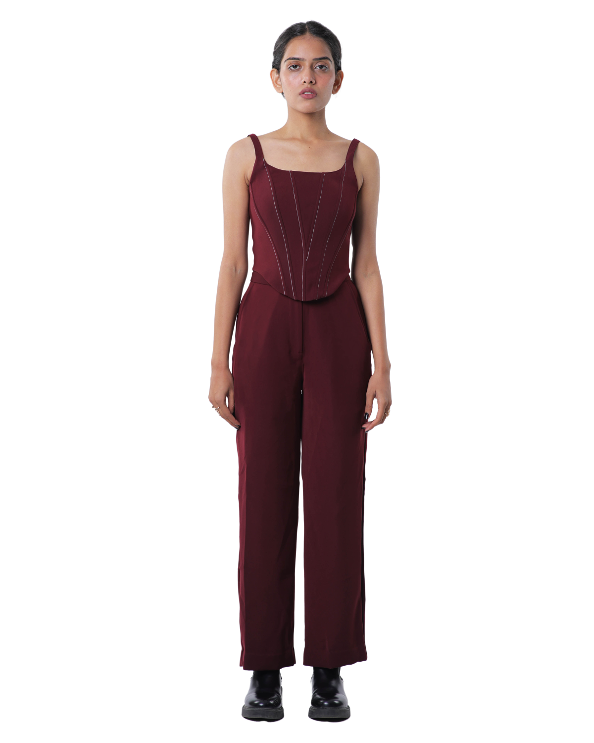 Knotty Corset With High Waisted Pants - Merlot