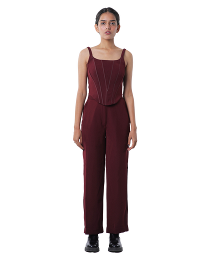 Knotty Corset With High Waisted Pants - Merlot