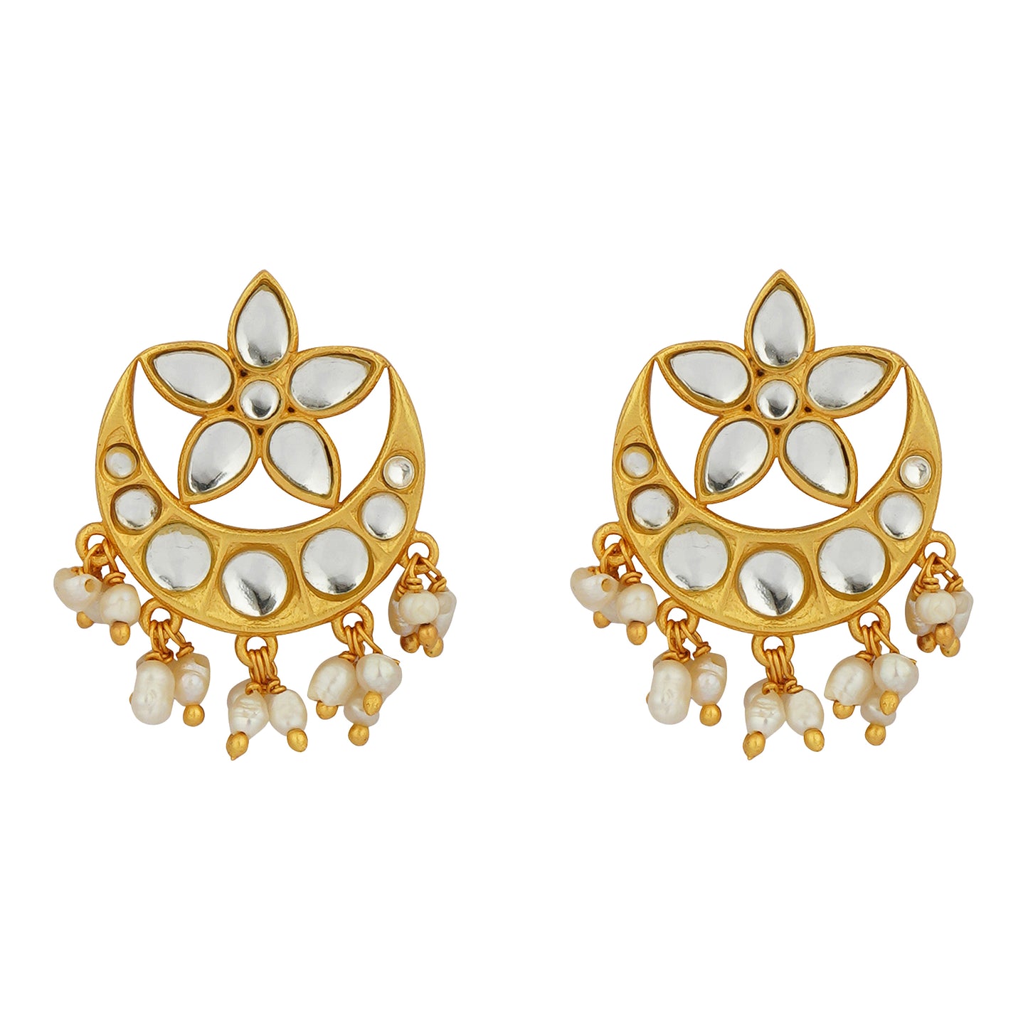 Chaand Phool Stud Earrings with Mirror Polki and Pearls