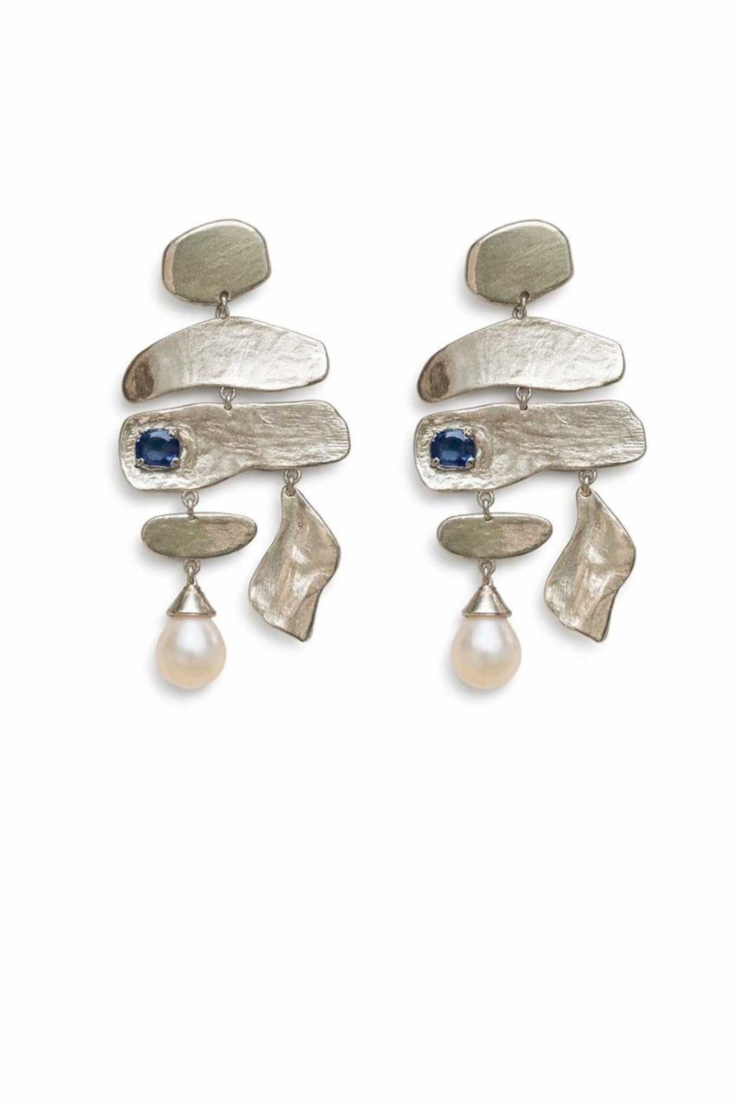 Sapphire & Pearl Sculpted Sterling Silver Statement Earrings