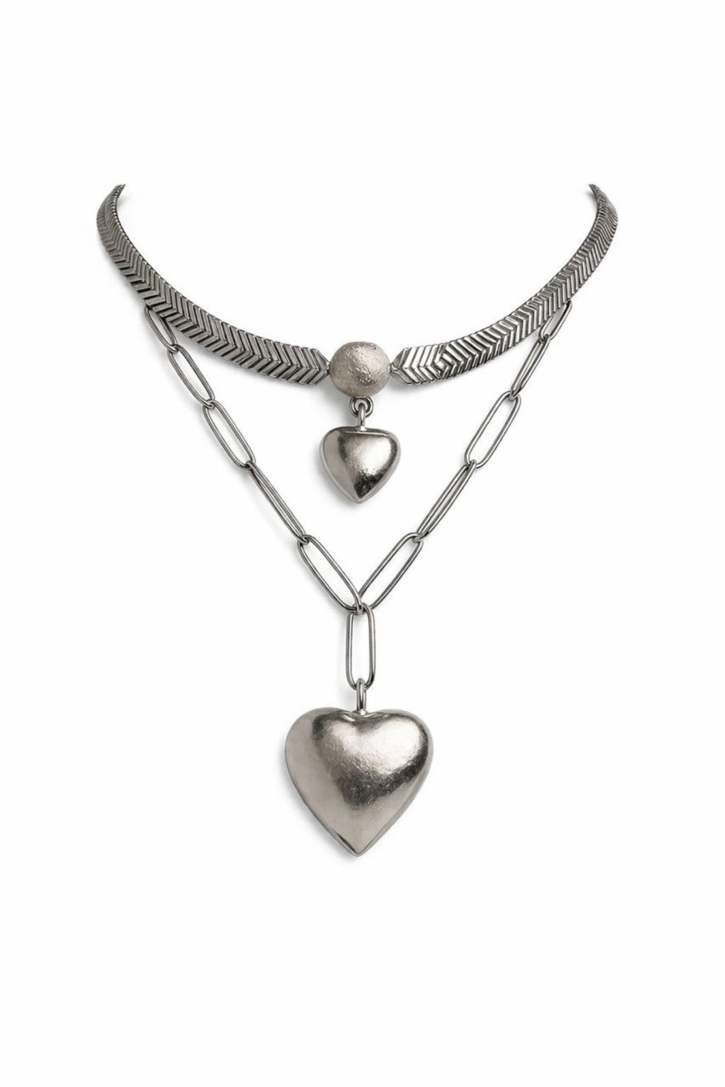 Layered Heart Pendant Sterling Silver Statement Necklace
