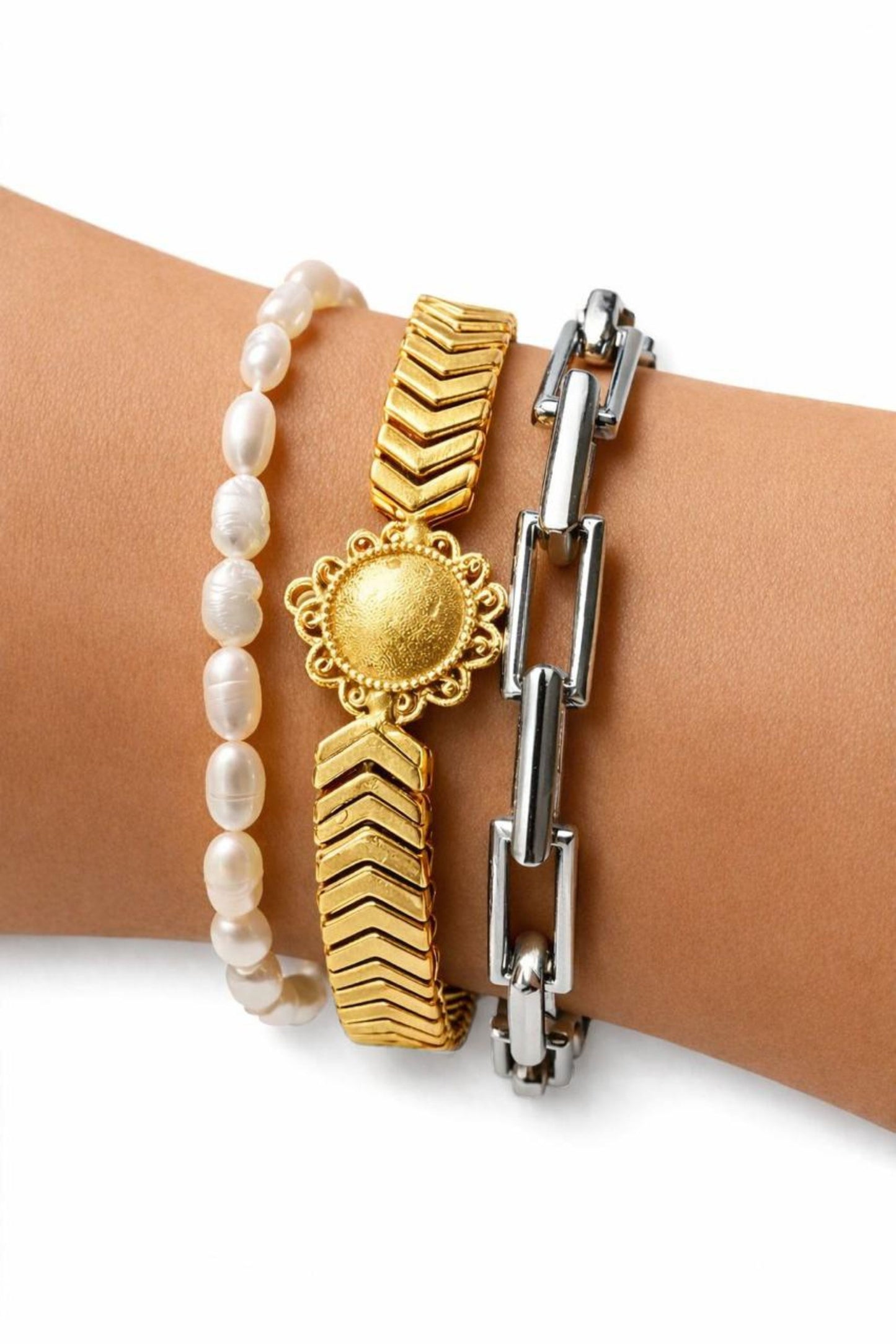 Triple-Layer Bracelet Set with Pearl & Gold Polish Accents (Set of 3)