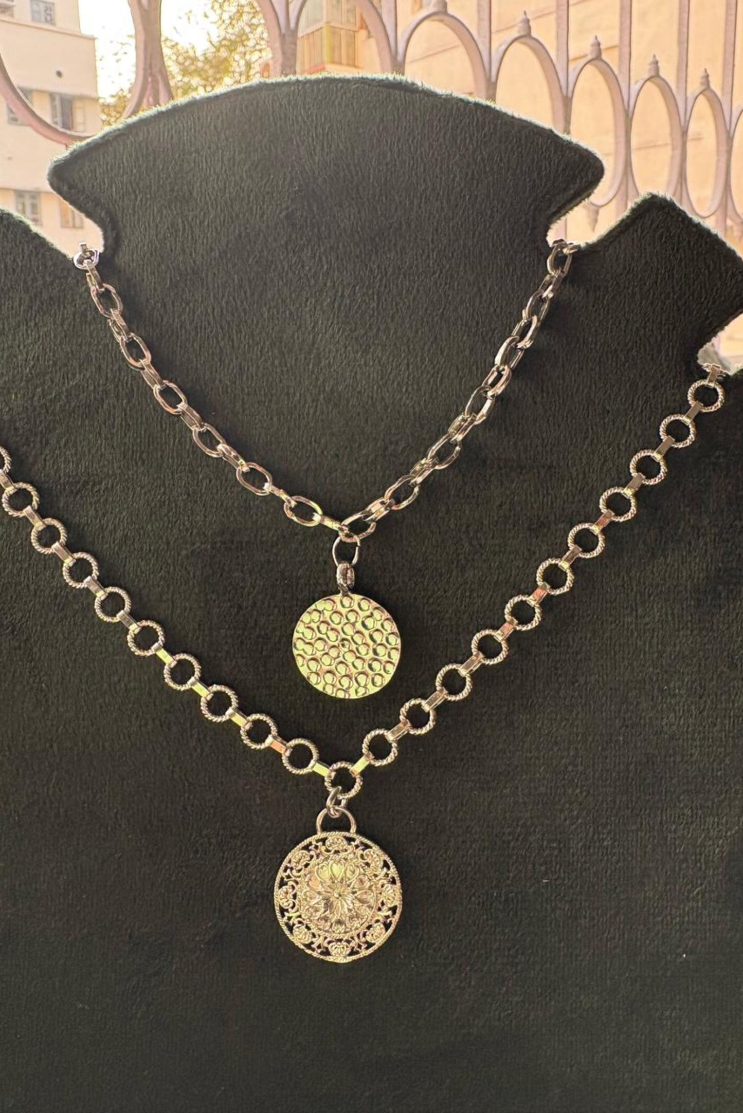 Dual-Layer Coin Pendant Sterling Silver Necklace Set (2 Chains + Pendants)