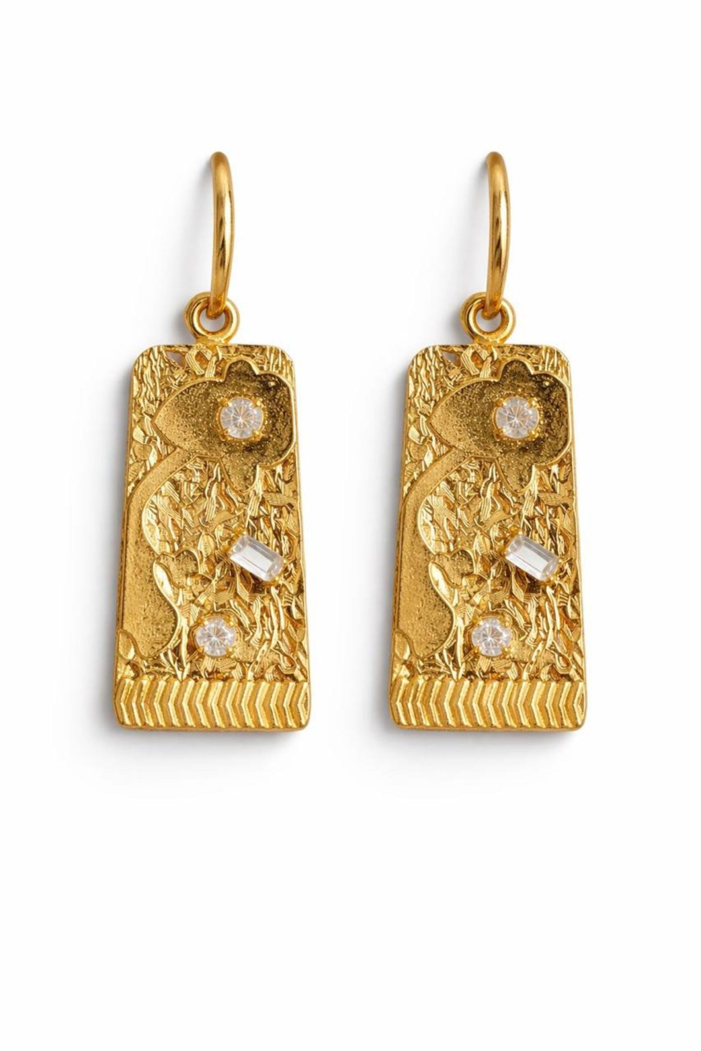 Gold Polish Floral Textured Sterling Silver Drop Earrings with Crystal Accents