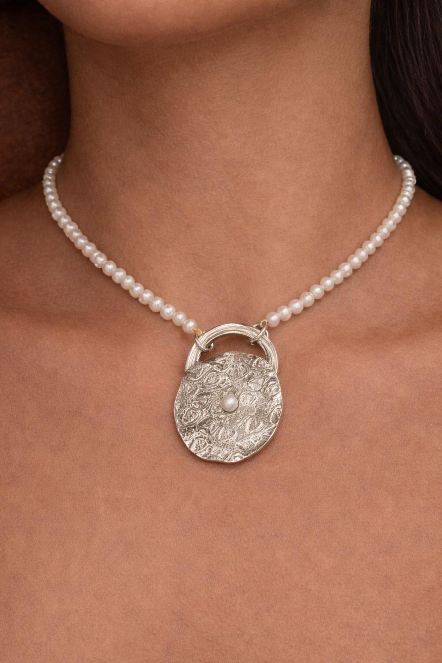 Textured Disc Sterling Silver Necklace with Attached Pearl String
