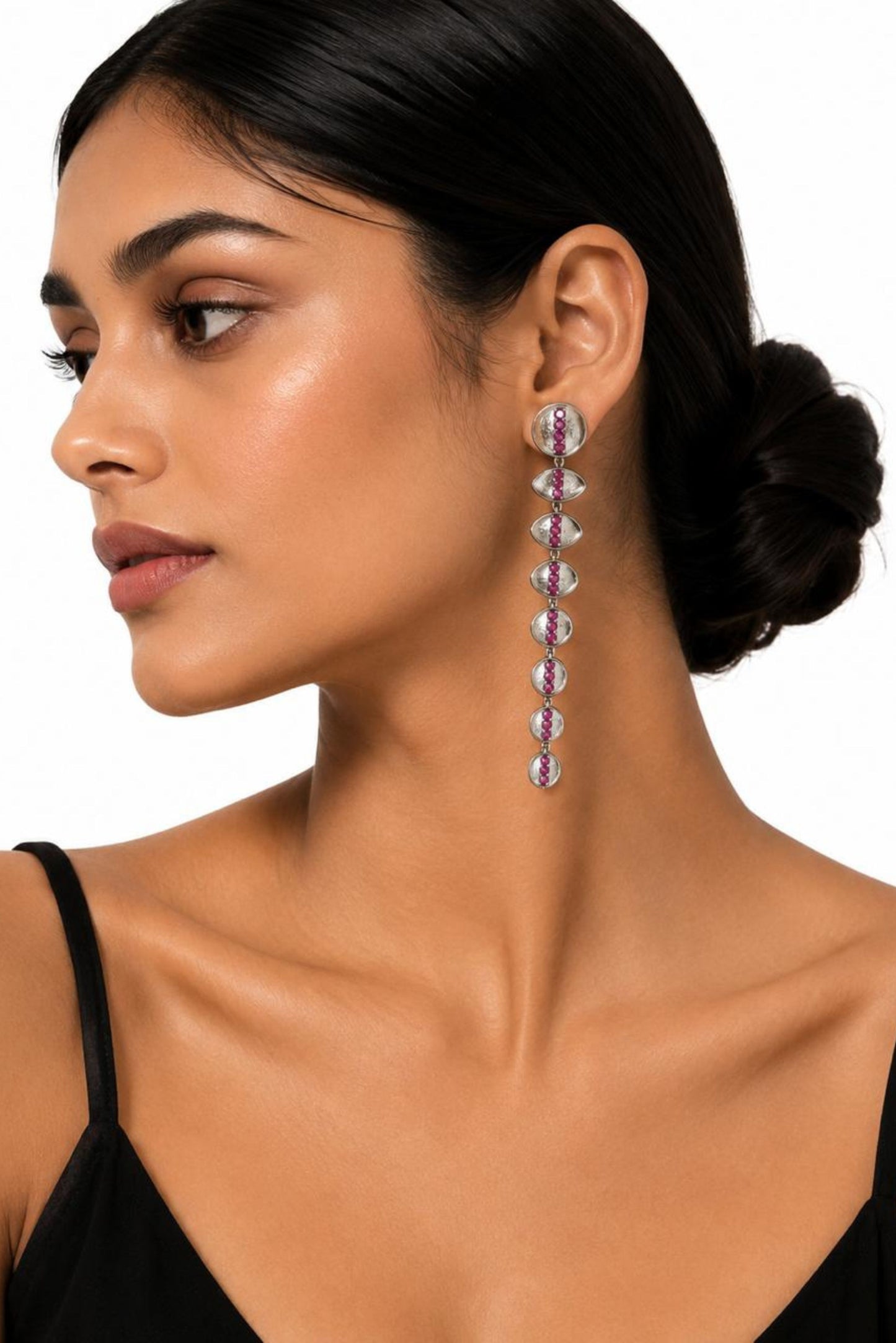 Ruby Drop Sterling Silver Linear Statement Earrings