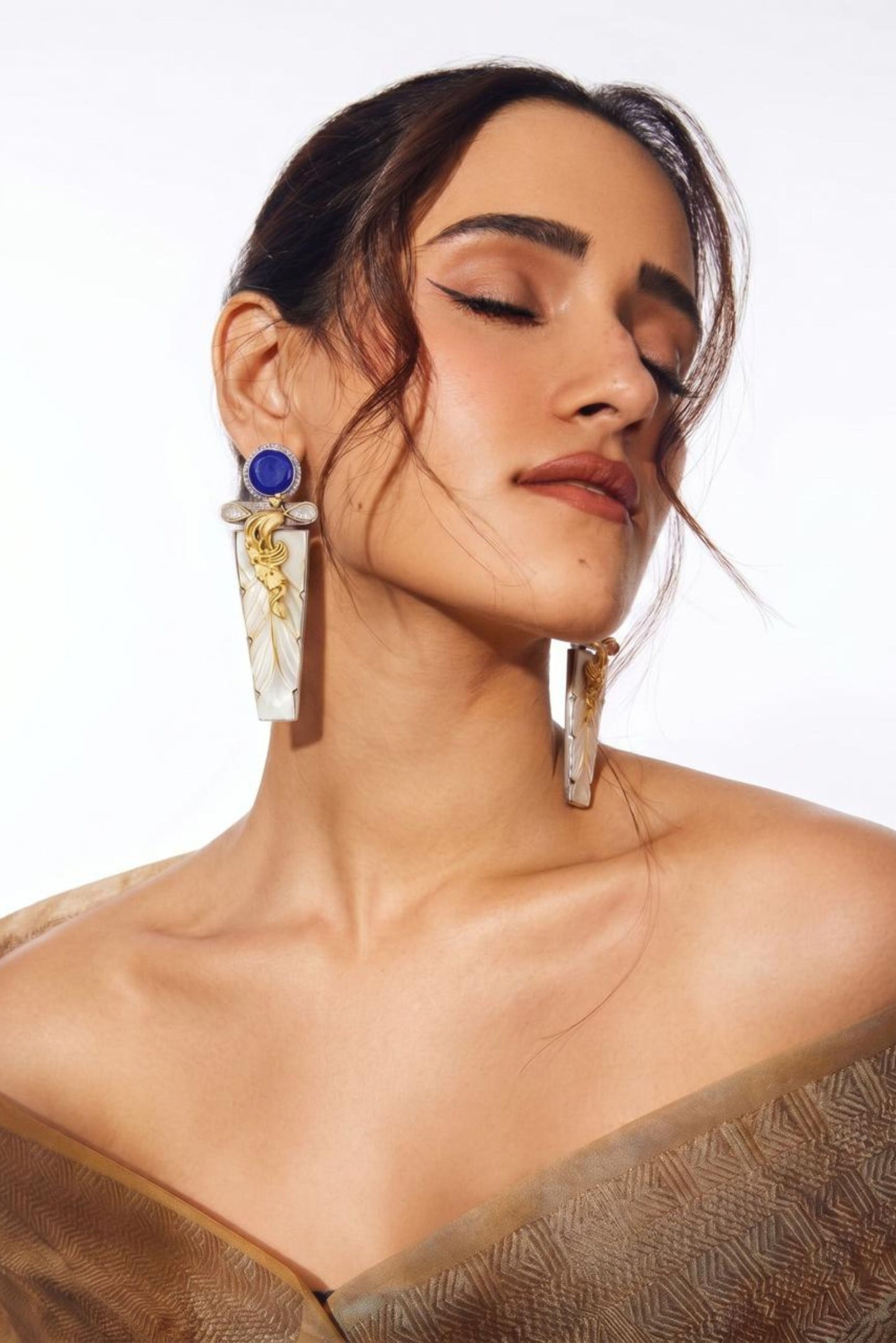Peacock Motif Mother-of-Pearl Gold Polish Statement Earrings