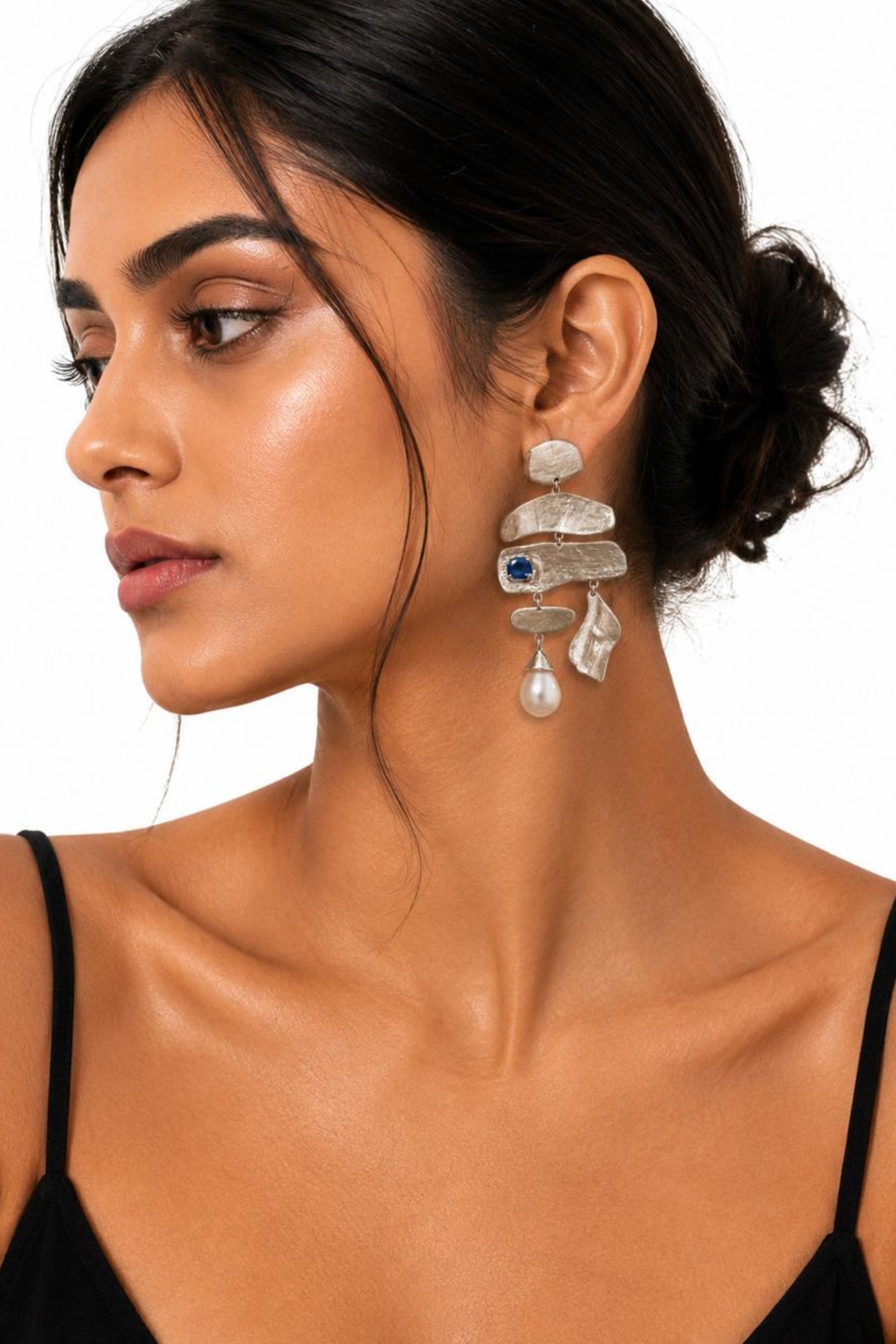 Sapphire & Pearl Sculpted Sterling Silver Statement Earrings