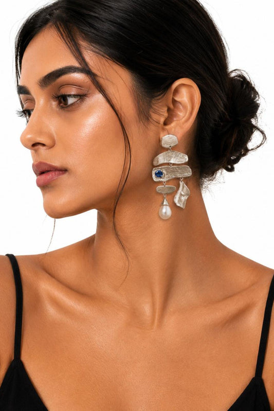 Sapphire & Pearl Sculpted Sterling Silver Statement Earrings