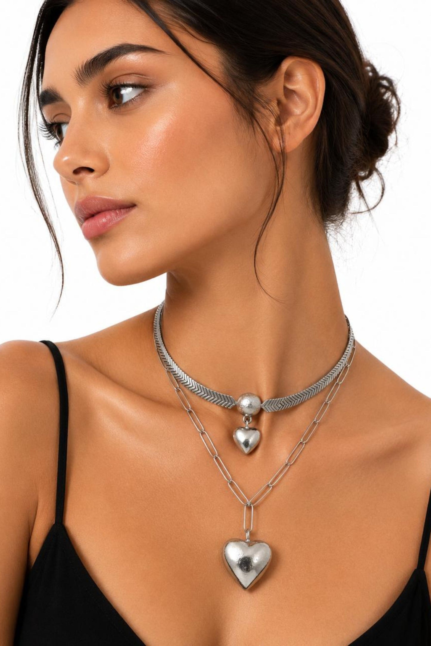 Layered Heart Pendant Sterling Silver Statement Necklace