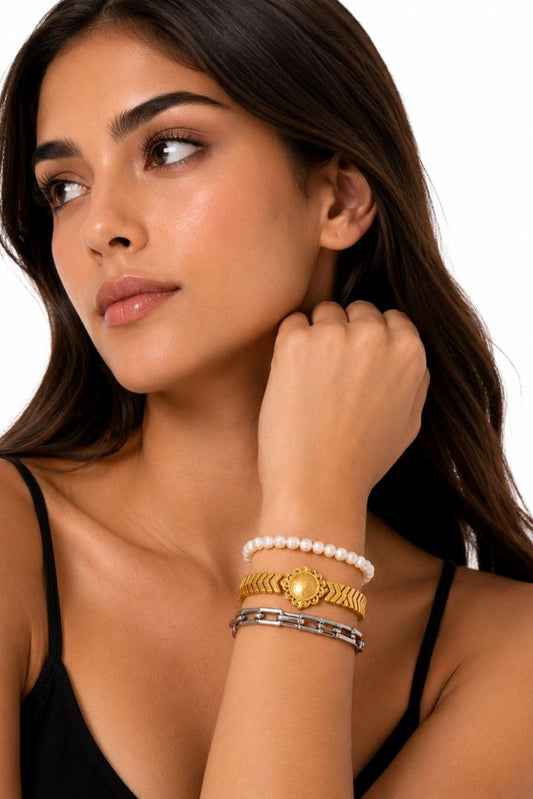 Triple-Layer Bracelet Set with Pearl & Gold Polish Accents (Set of 3)